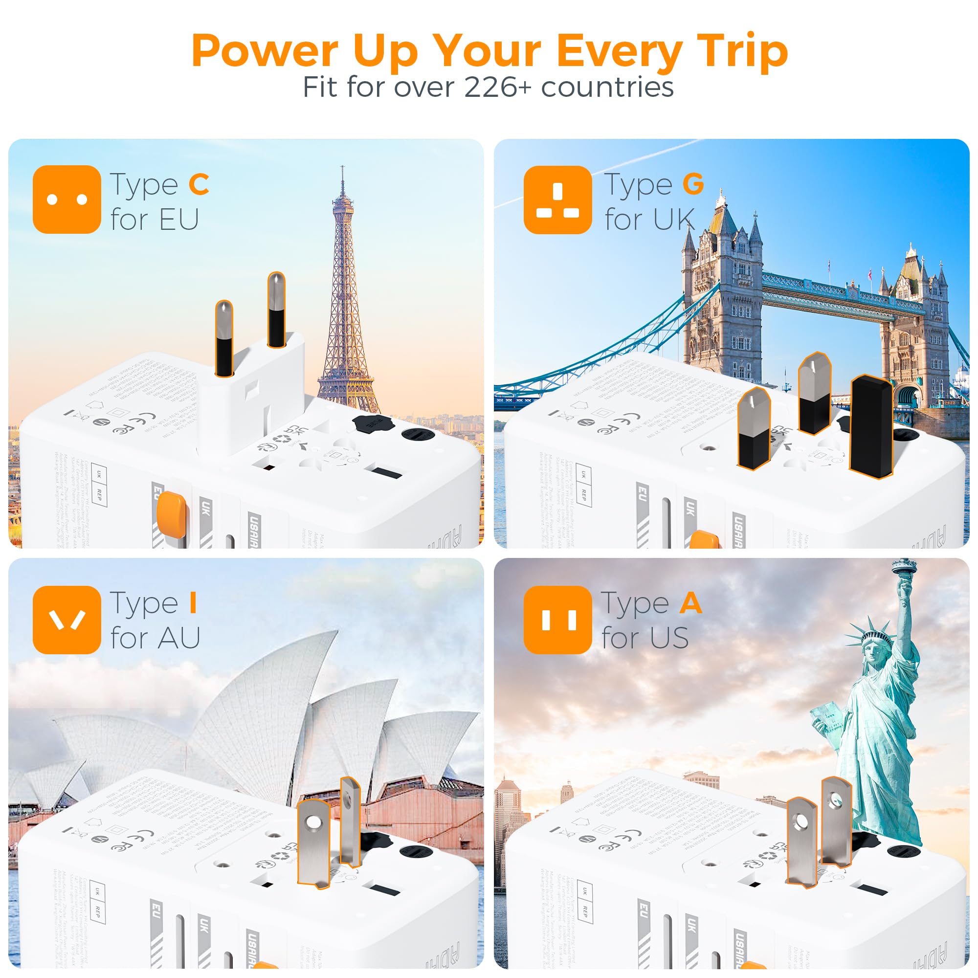 140W Gan Universal Travel Adapter, Tessan International Plug Adaptor With 1 Usb A And 3 Usb C Charging Ports, Worldwide Power Ou