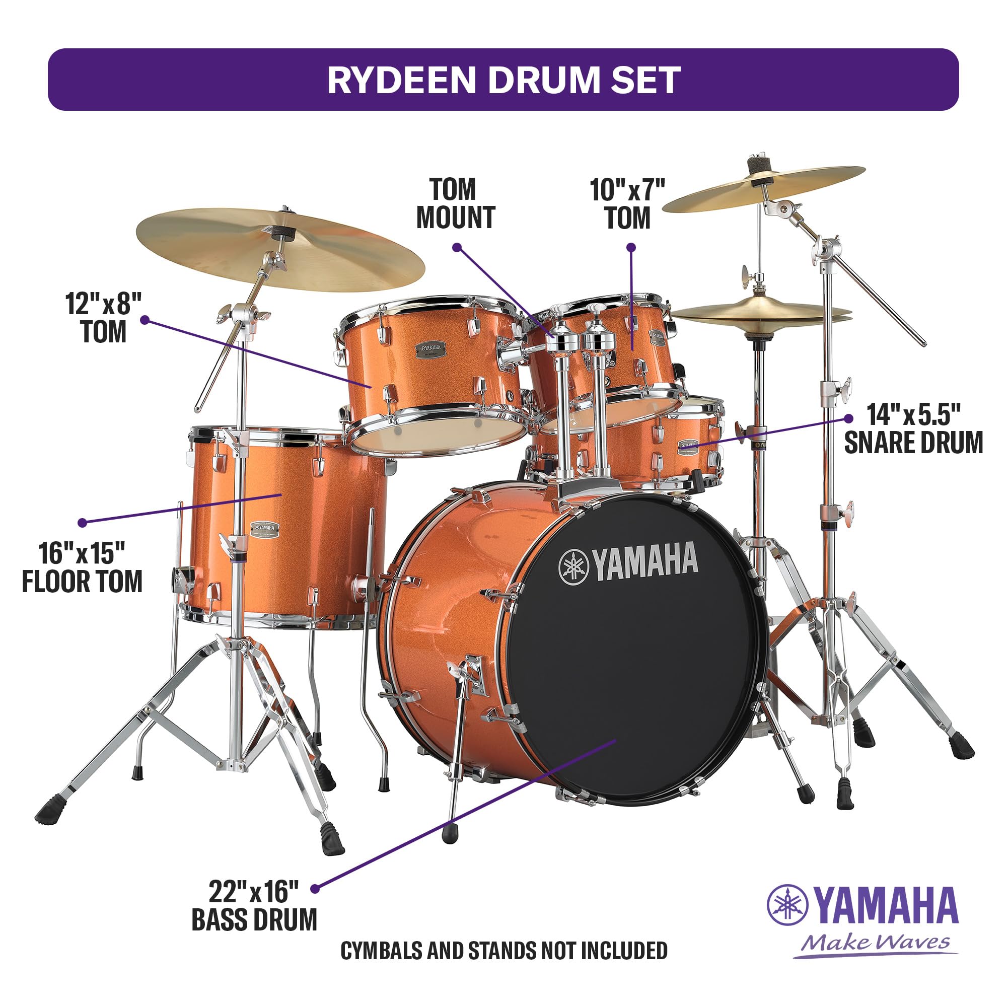 Yamaha Rydeen 5-Piece Drum Set With 22 Bass Drum, Floor Tom, 2 Toms With Ball Clamp And Wood Snare Drum, Orange Glitter