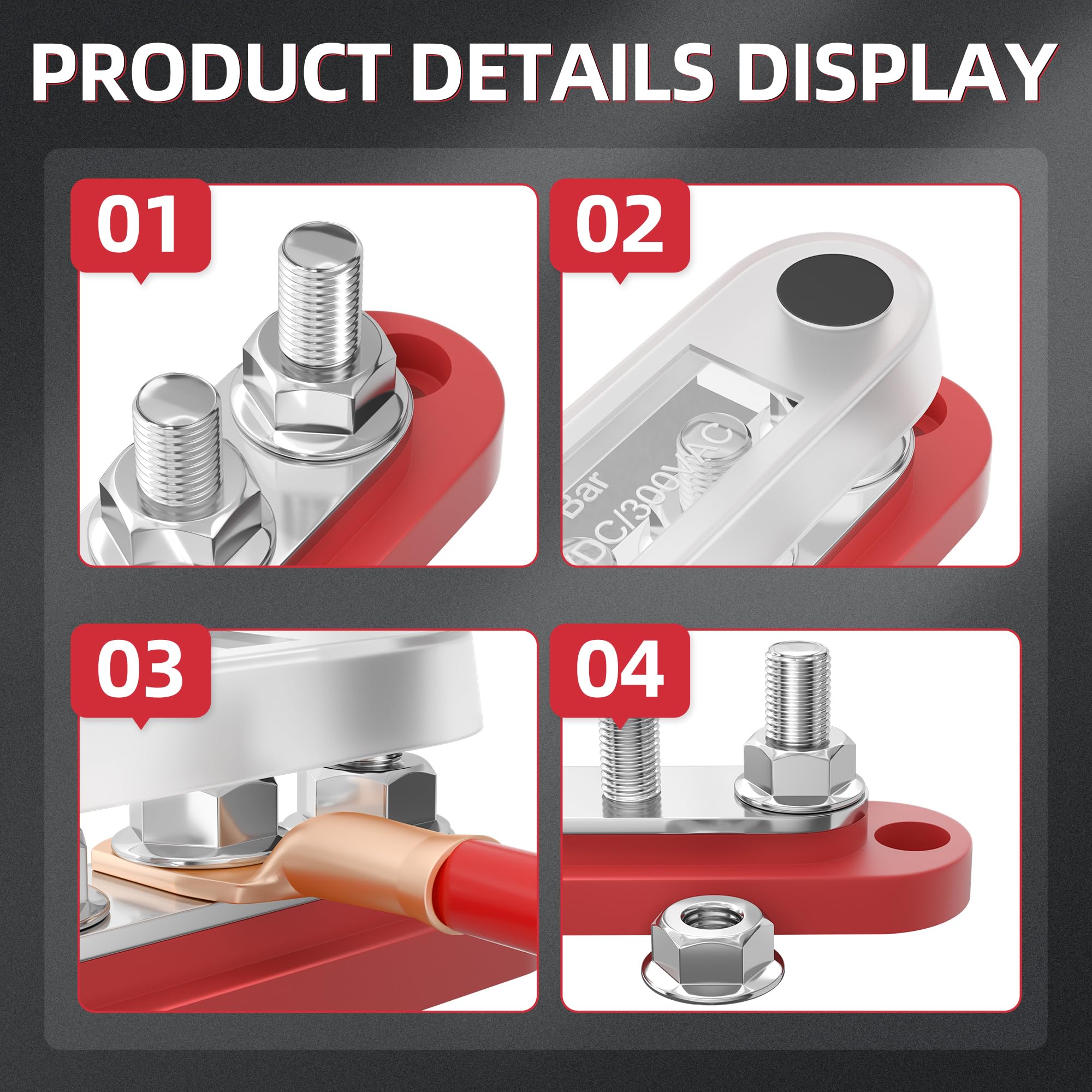 Daiertek Power Distribution Block With Cover Mini 5 X 1/4'' Studs Bus Bar Terminal Block Max 150A 48V Dc 300V Ac Positive & Nega