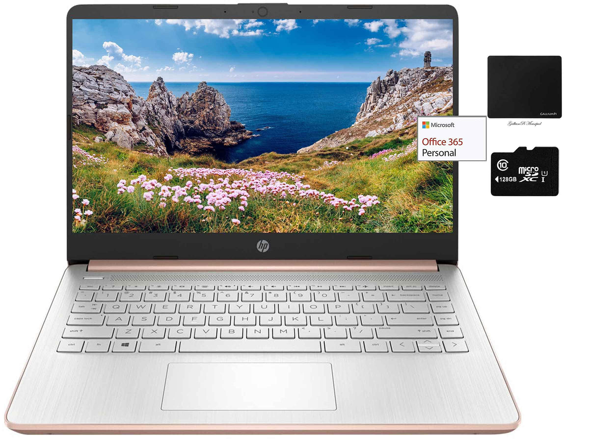 HP 14' Thin Light Laptop, Intel 2 Core N4020, 16GB RAM, 192GB Storage(64GB eMMC+128GB Micro SD), 1Yr Office, Win 11 Bundle w/GaPi Mousepad (Rose Gold)