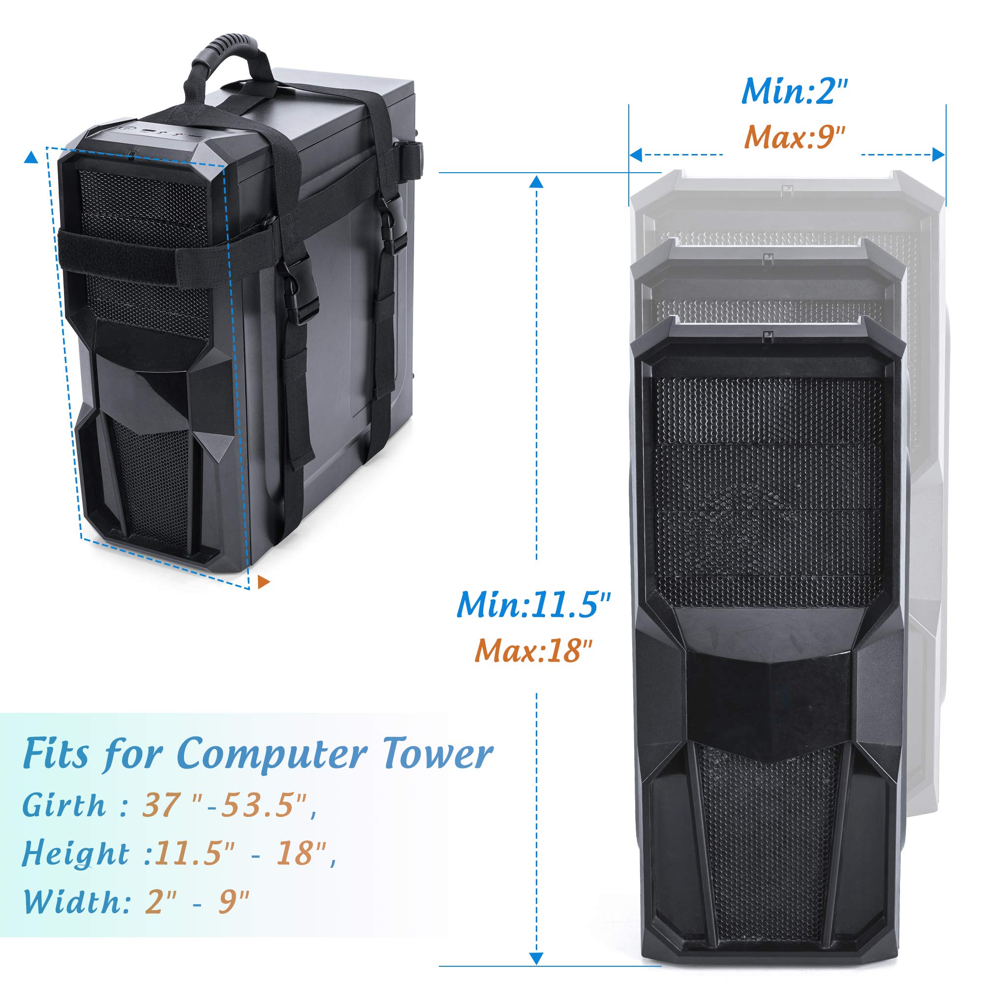 Trunab Pc Tower Carrying Strap With Rubber Handle, Desktop Carrying Case Belt Computer Travel Holder With Pockets For Cable, Mou