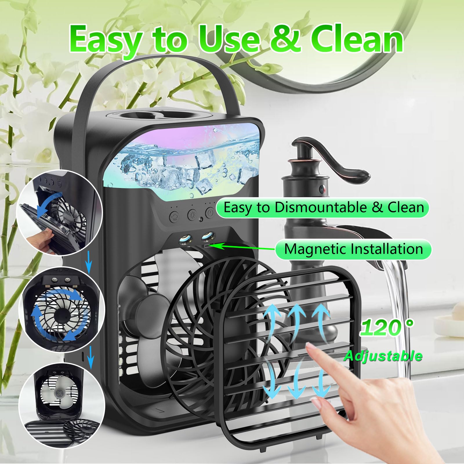 Ifty Small Portable Air Conditioners, Portable Ac Unit W/Remote, 1.5L Water Tank, 3 Speeds, 2 Cool Mist, 3 Timers, 7 Night Light