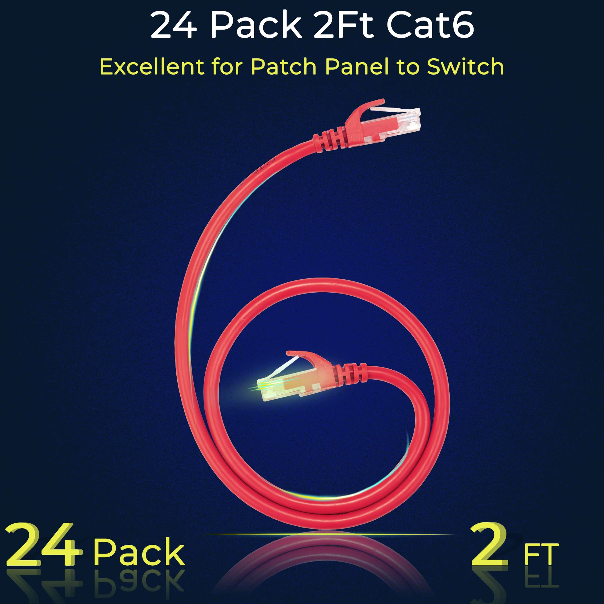 Rapink Patch Cables Cat6 2Ft (24 Pack), Ethernet Patch Cable 10G Support, Cat 6 Patch Cable For Patch Panel To Switch, Flexiable Cat 6 Ethernet Cable With Gold Plated Red