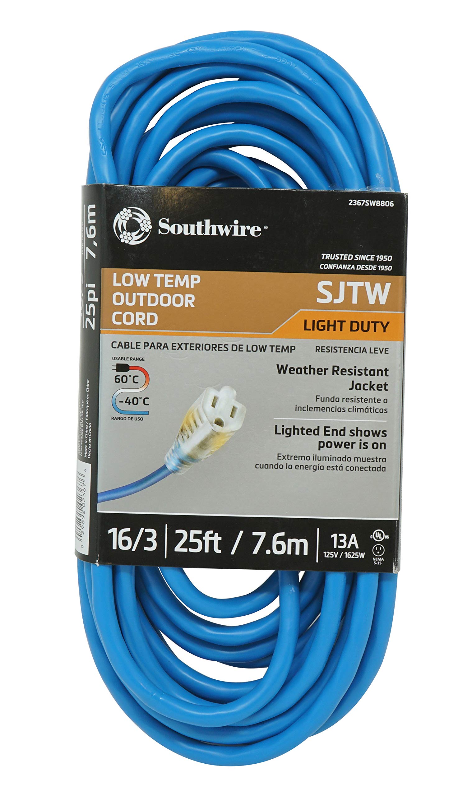 Southwire Coldflex Light Duty Extension Cord, 25Ft, 16 Gauge, 3 Conductor, Cold Weather Cord, Blue, 2367Sw8806
