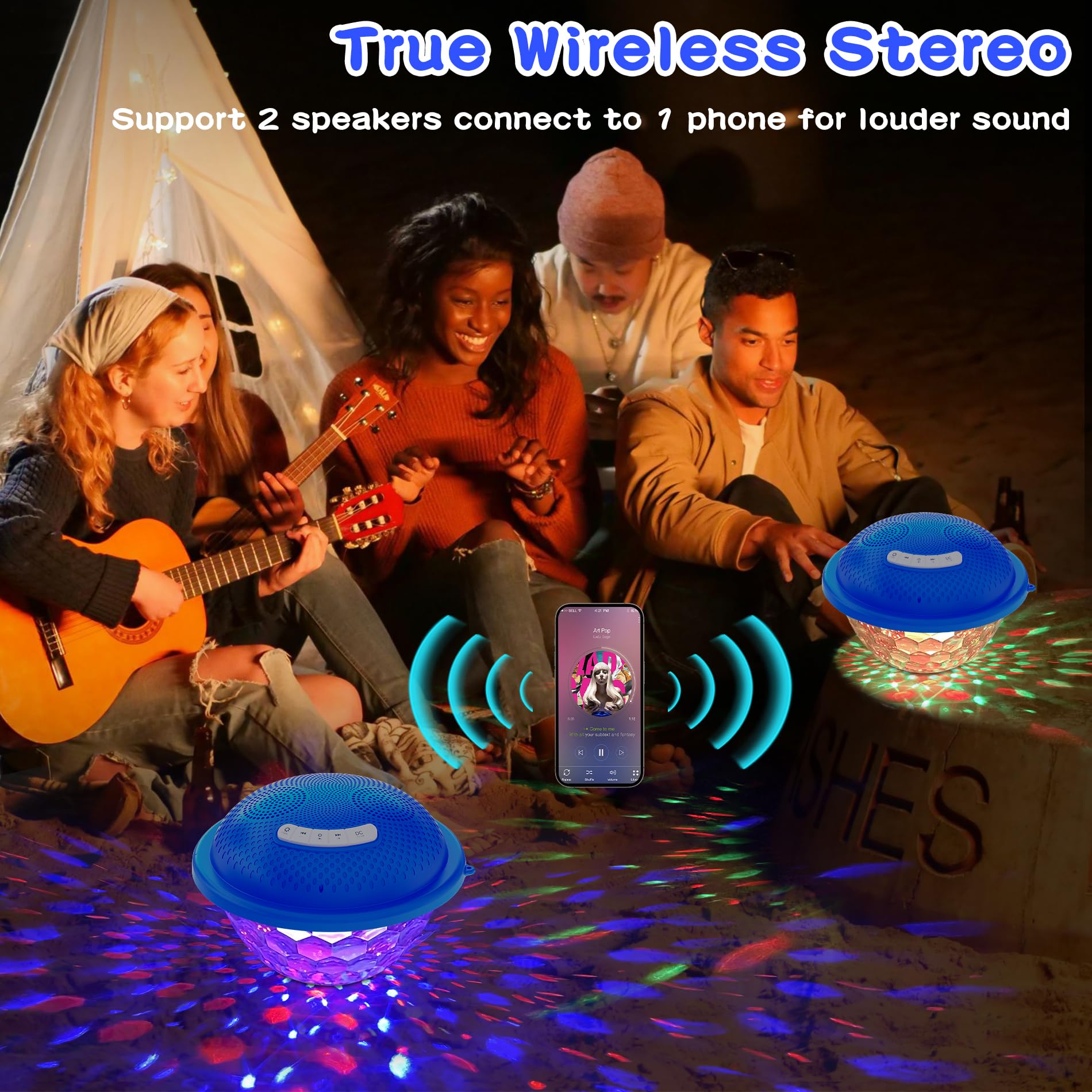 Kingsom Bluetooth Pool Speaker,Floating Pool Speaker With Colorful Lights,Hot Tub Speaker Ip68 Waterproof Pool Speaker,16W Loud Stereo Sound Bluetooth Speaker,Tws Pairing Floating Speaker For Pool
