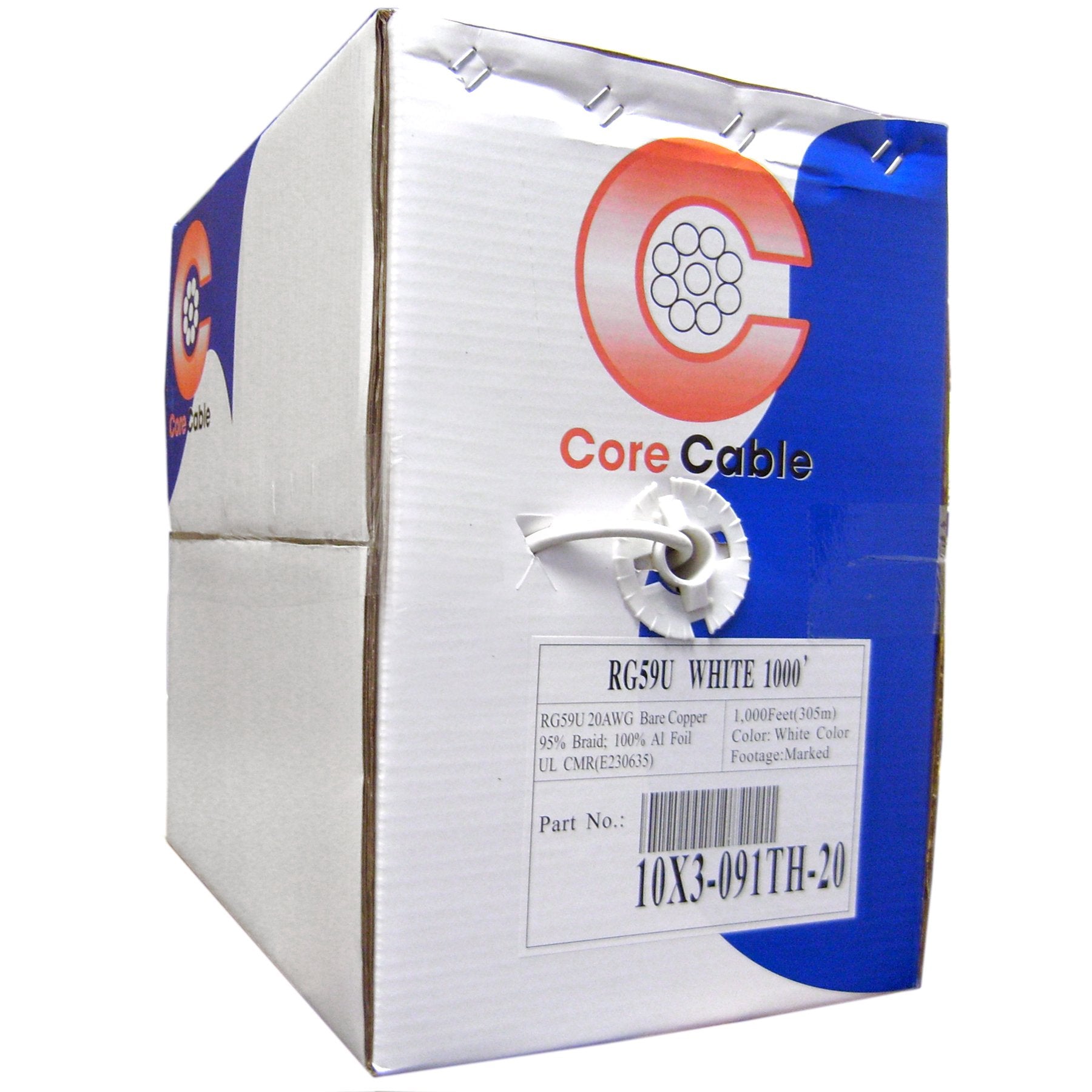 Cablewholesale Bulk Rg59/U Coaxial Cable, 20 Awg, Solid Core, Copper, 95% Braided, Pullbox, 1000 Feet, White, Rg59/U Cctv Cable,