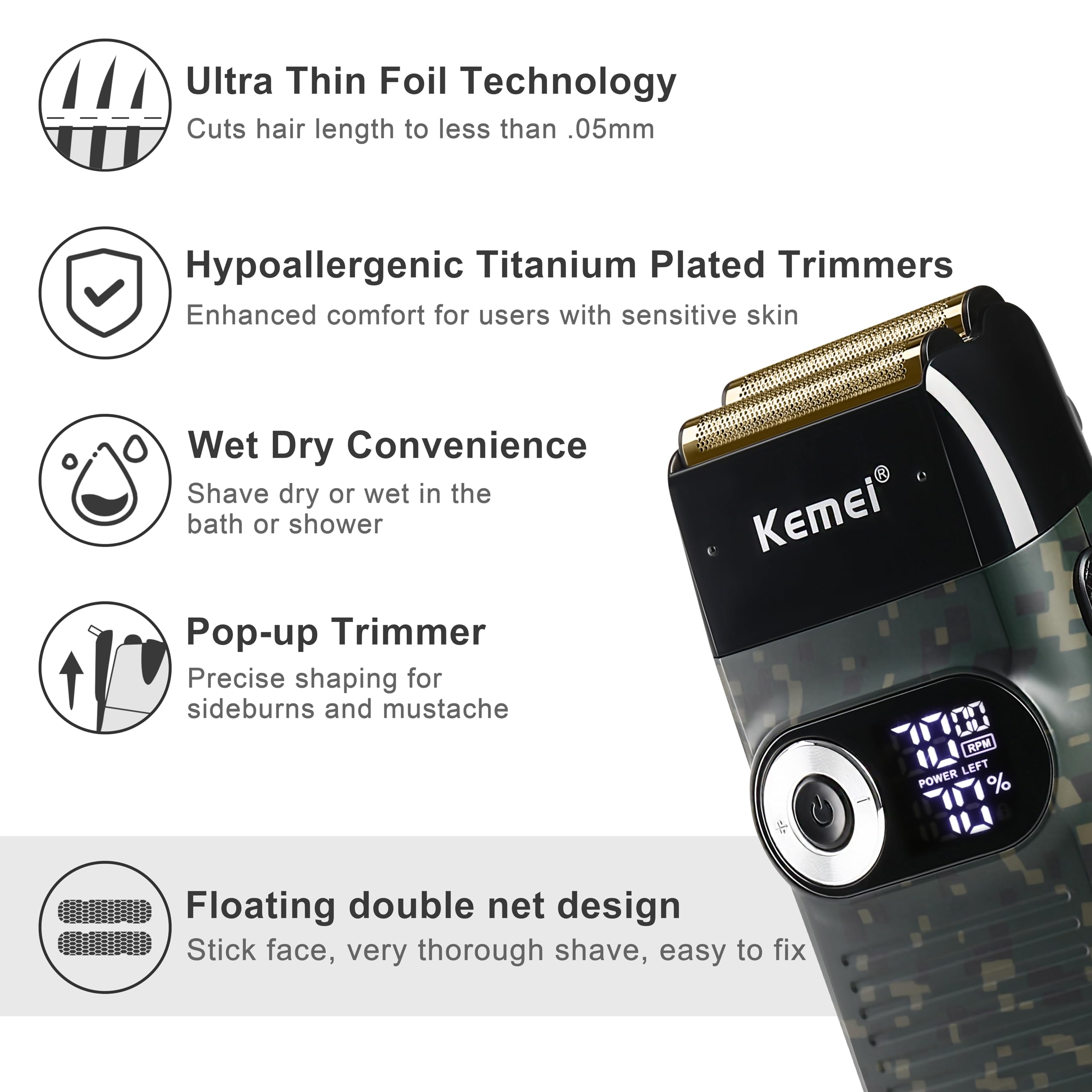 Kemei Foil Professional Electric Shaver For Men Razor With Bald Trimmer Cordless Shavers Rechargeble Led Display 2 In 1