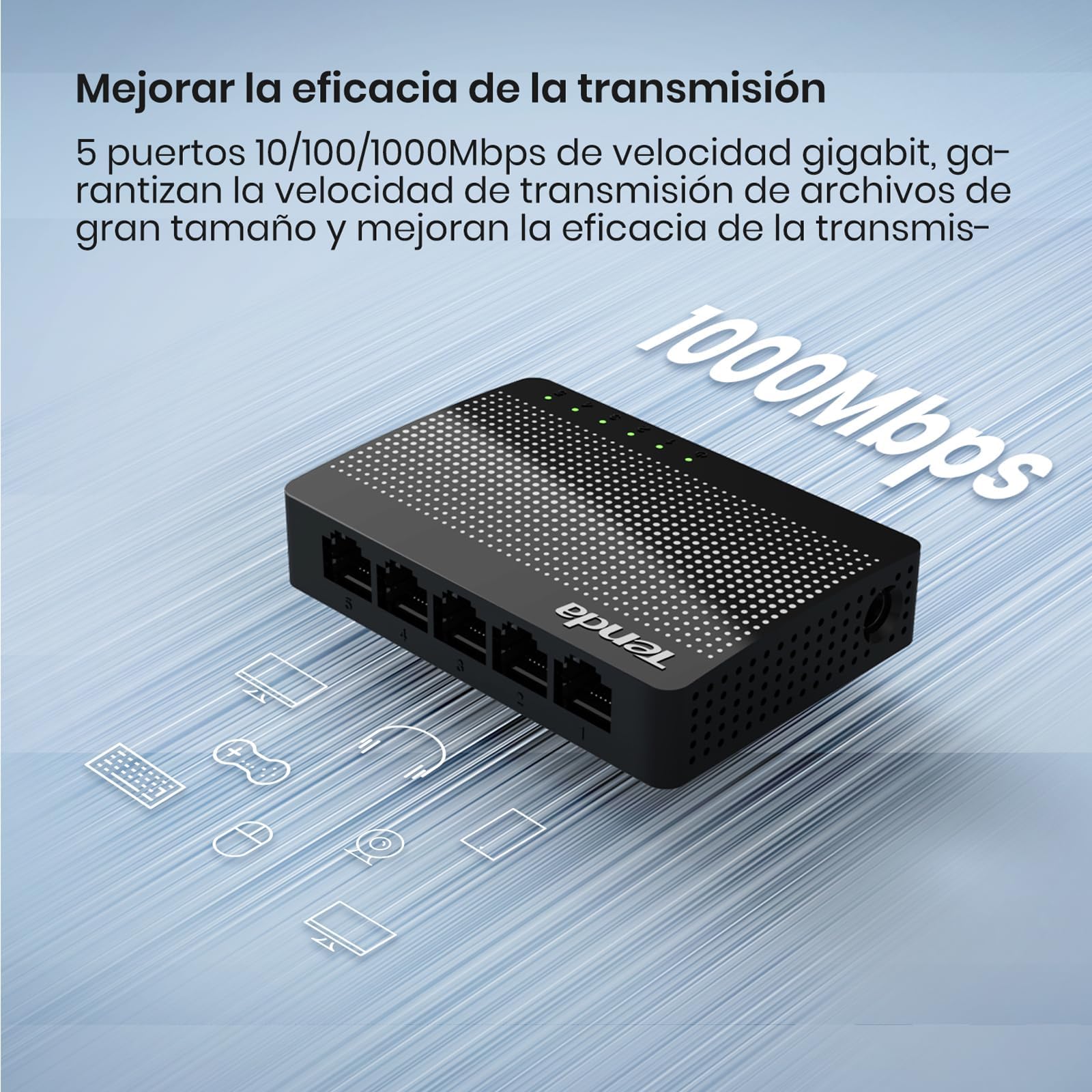 Tenda Sg105, 5 Port Gigabit Switch, Unmanaged Home Ethernet Switch, Office Ethernet Splitter, Plug & Play, Plastic Case, Desktop