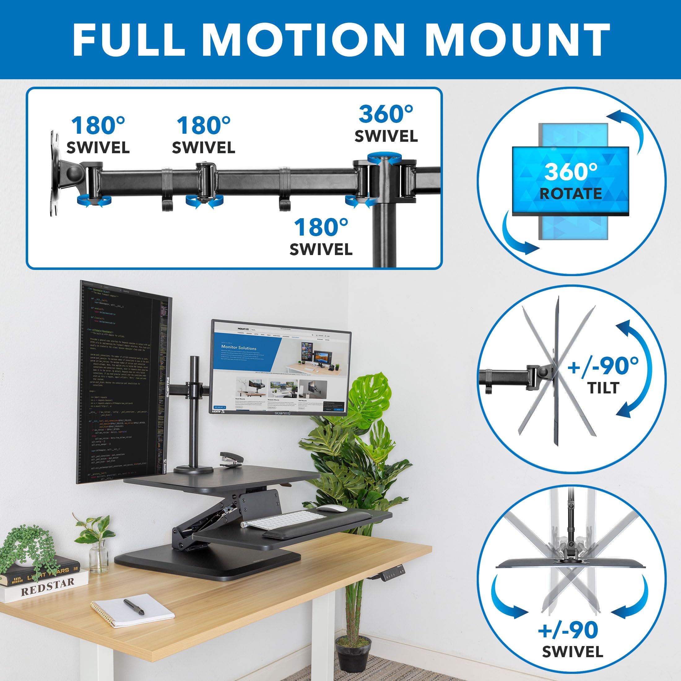 Mount It! Standing Desk Converter, Stand Up Desk Riser with Dual Monitor Mount, Adjustable Workstation in Black, Top Platform 23' Wide, Keyboard Mouse Tray 27' Wide, Raises 5' to 17' Tall
