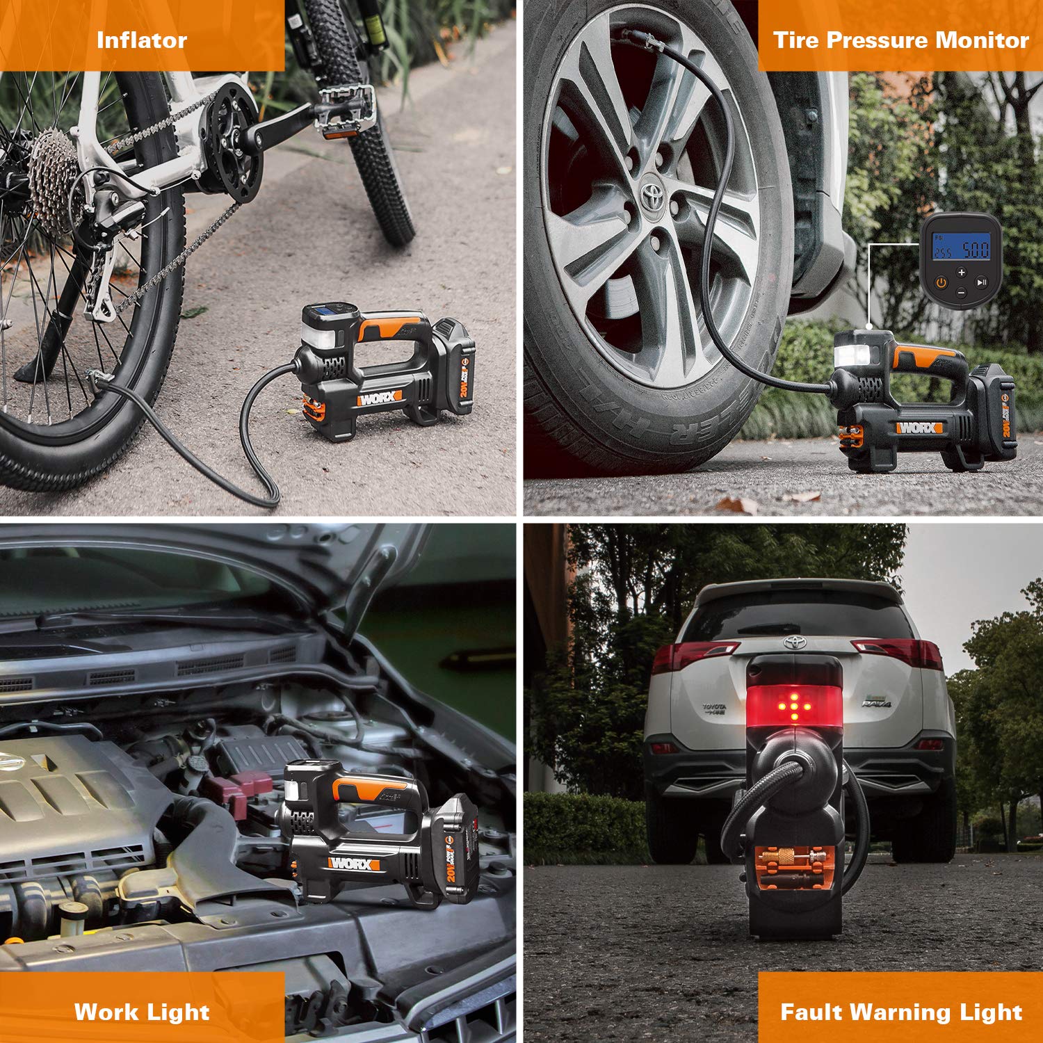 Worx Wx092L 20V 2.0Ah 2 In 1 Cordless Inflator Battery And Charger Included, Max. 10 Bar, Digital Pressure Display