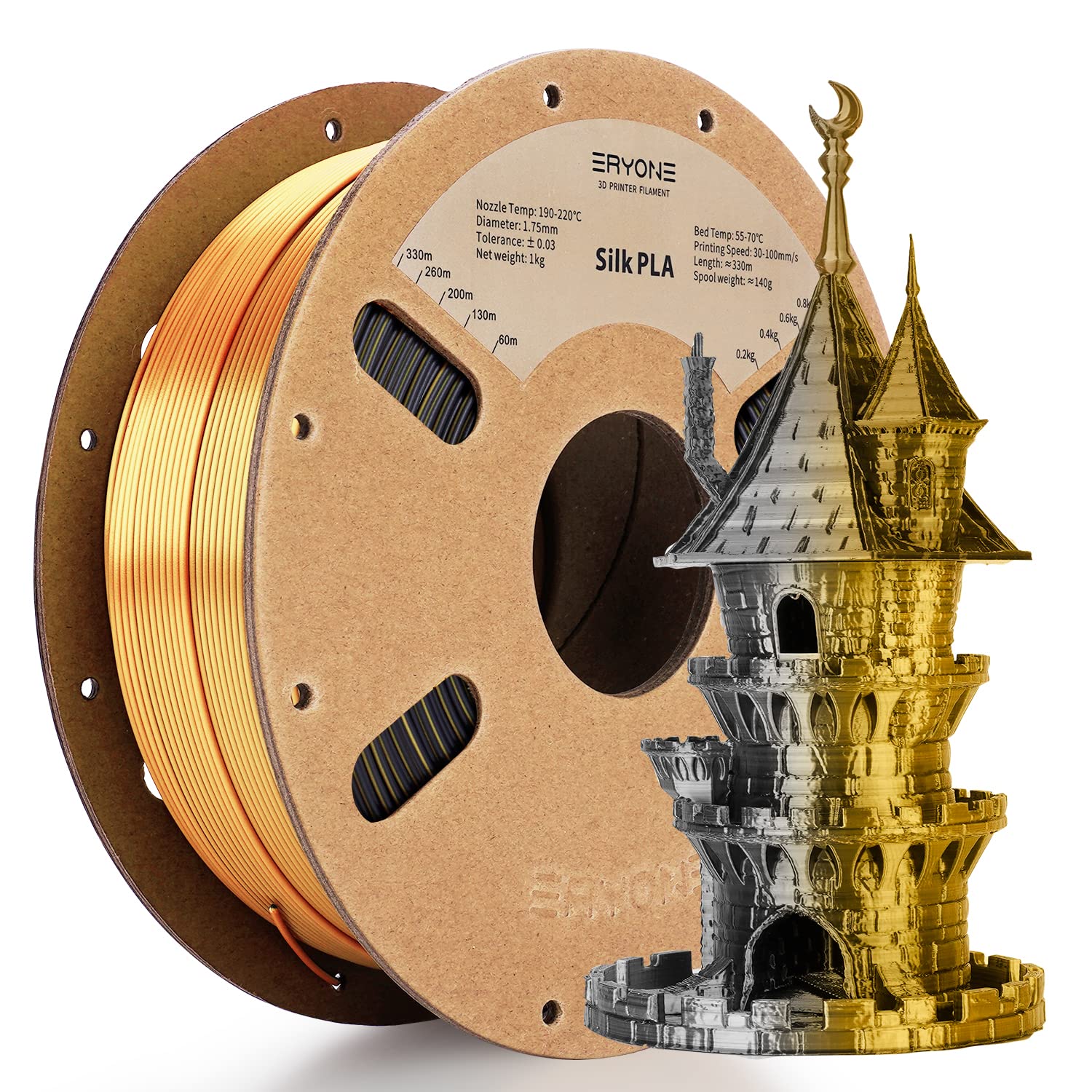 Eryone Silk Dual Color Filament Pla 3D Printer 1.75Mm +/  0.03Mm, Coextrusion Filament Pla Shiny Filament 1Kg(2.2Lbs), Black Gol