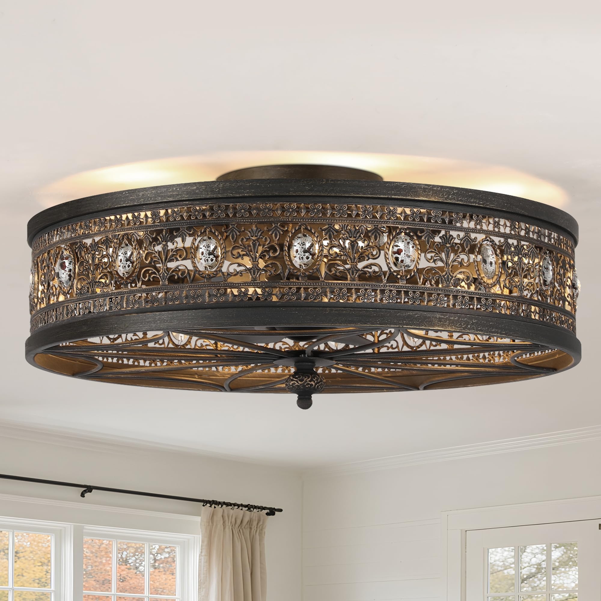 Flush Mount Ceiling Fan with Light and Remote,Low Profile Enclosed Crystal Drum Caged Fandelier,Vintage Black Gold Baroque Ceili