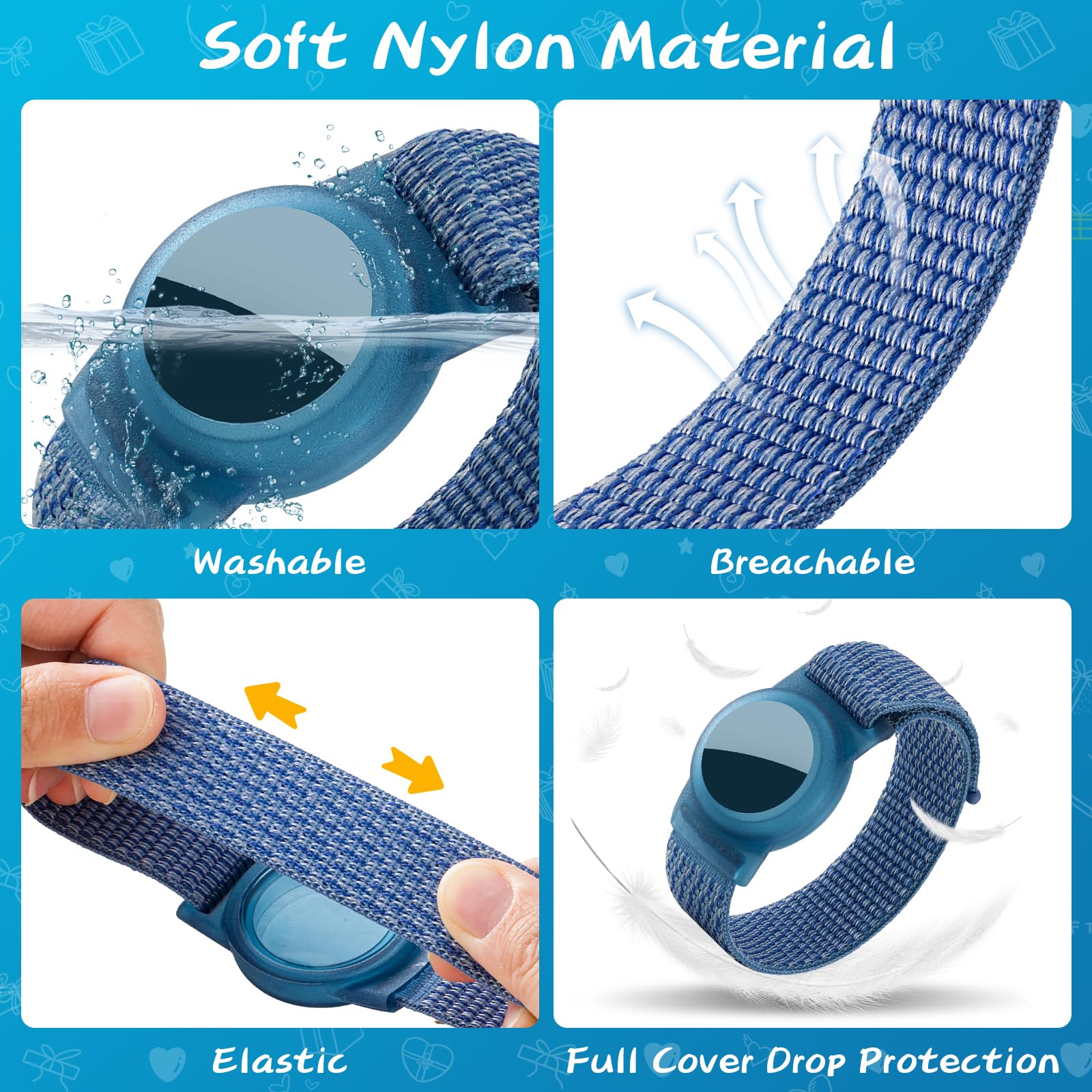HISEEYE Waterproof Bracelet for AirTag - Soft Nylon Kids Wristband 4 Pack, Black/Blue/Rainbow, Model SB-03
