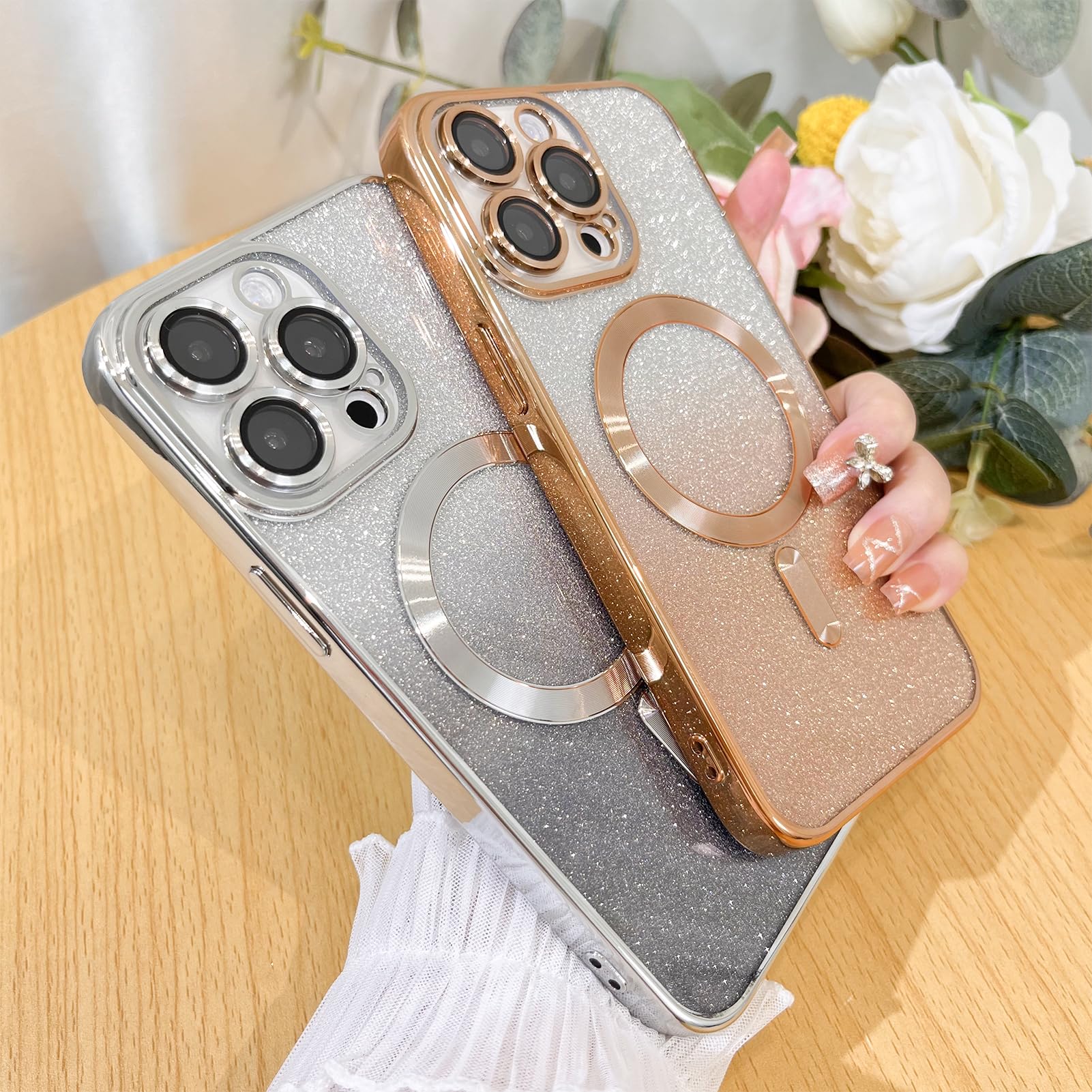 Illians Case For Iphone 14 Pro Max (Compatible With Magsafe) Camera Lens Protector Glitter Bling Plating Case Shockproof Protect