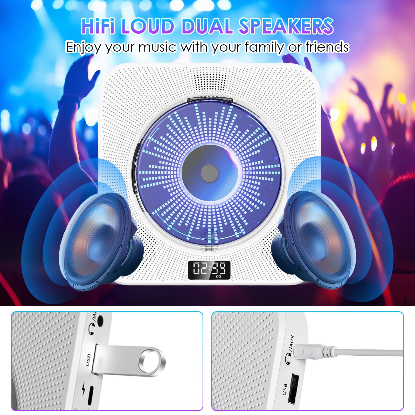 Gueray Cd Player Bluetooth Cd Players For Home Desktop With Dual Bluetooth & Large Lcd Screen Display Front Cd Player With Speak