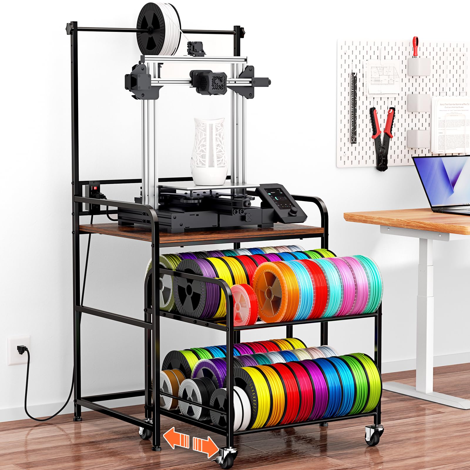 3D Printer Stand With Filament Storage, Heavy Duty 3D Printer Table, Spool Holder Cart With Locking Wheels, Adjustable Height Fi