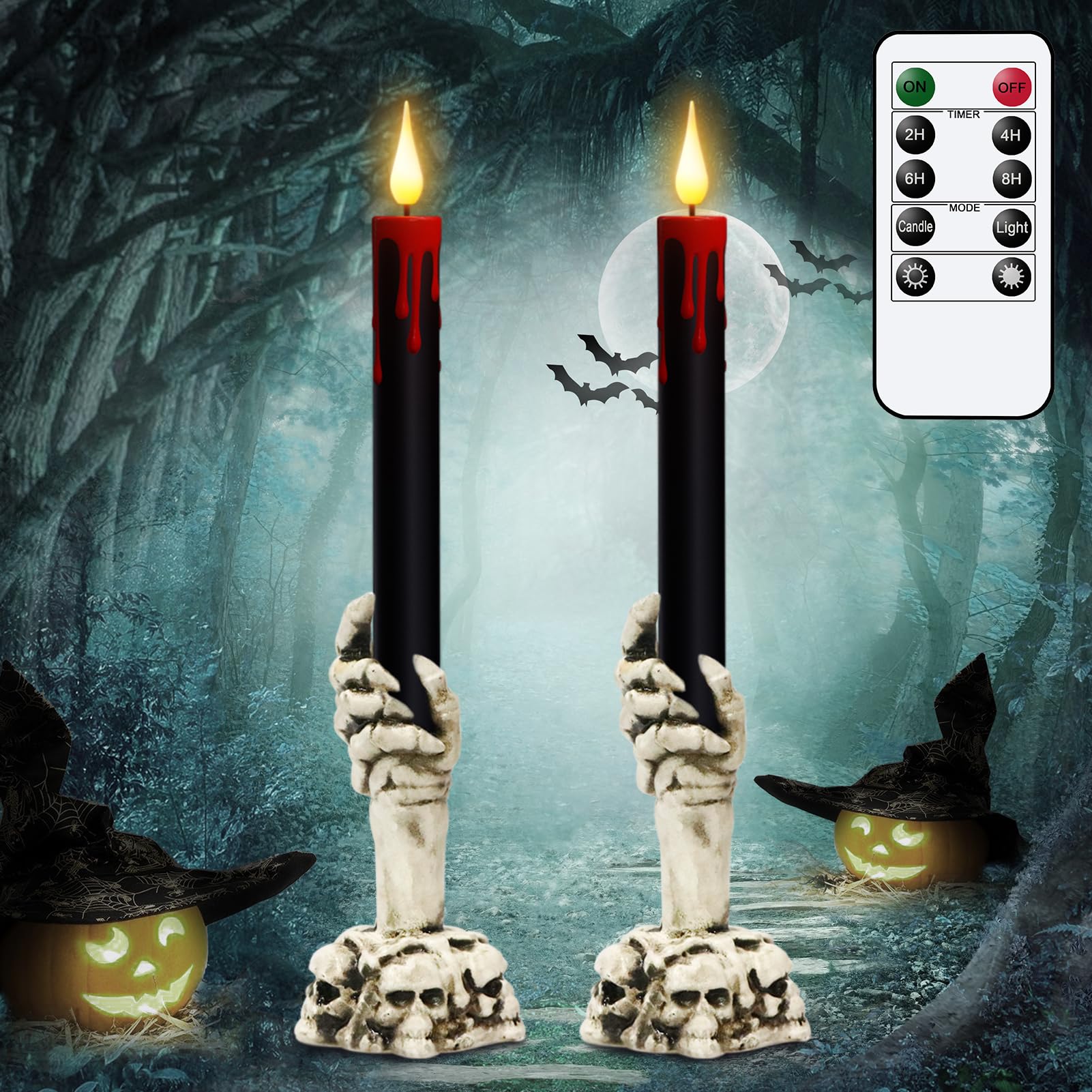Wondise Halloween Flameless Taper Candles With Remote And Timer, Black Battery Operated Dripping Wax Led Flickering Candles With