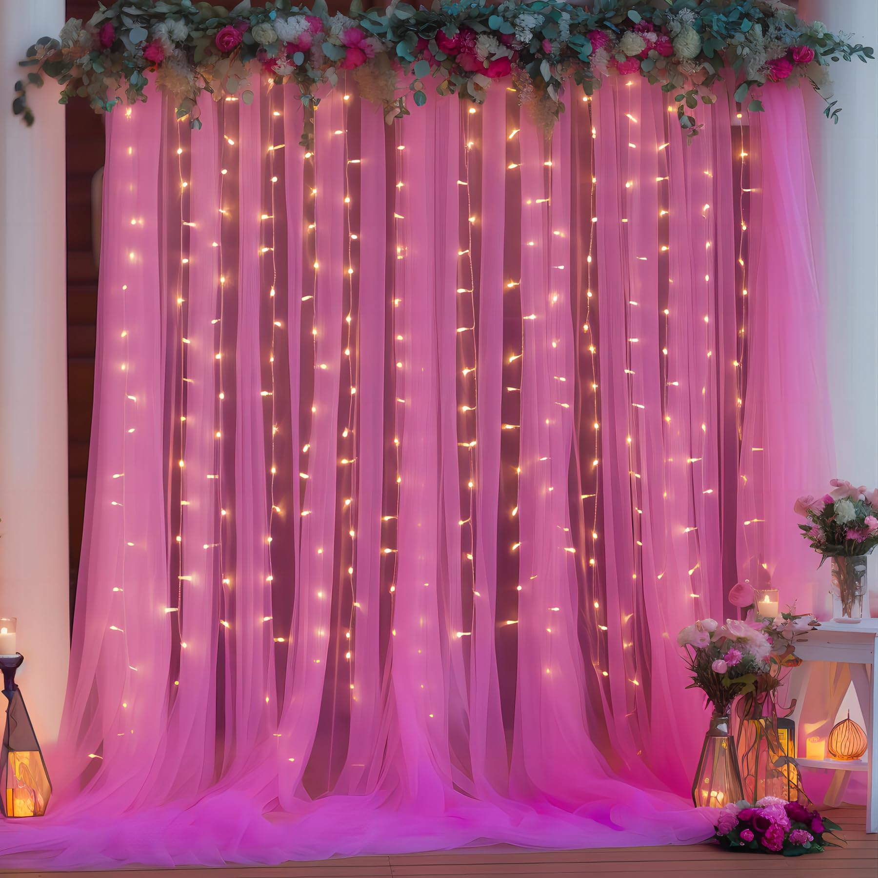10  10Ft Hot Pink Tulle Backdrop Curtain With Lights String For Parties, Sheer Curtain Backdrop Drapes For Wedding Party Home De