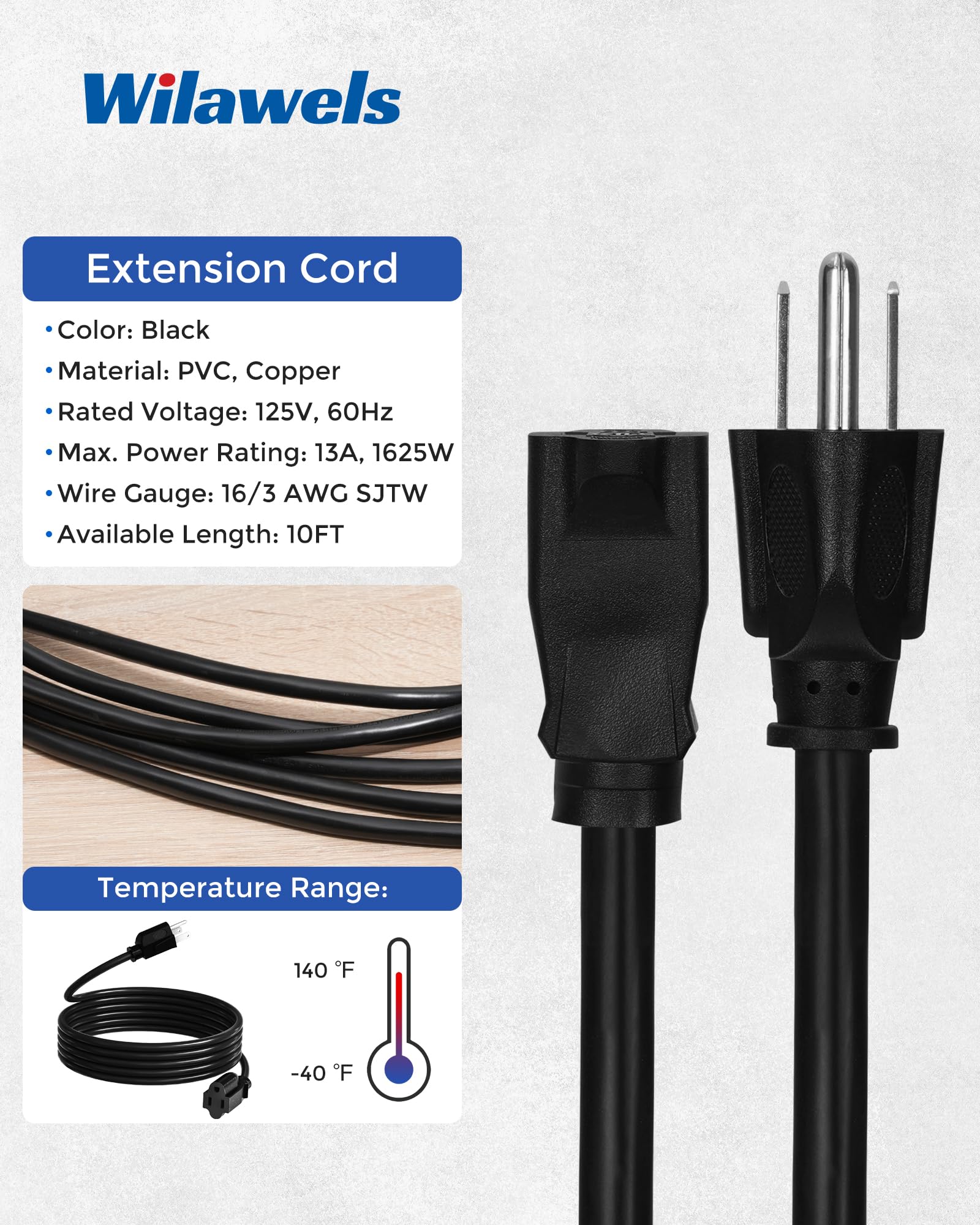 Wilawels 2 Pack 10Ft Extension Cord, 16/3 Sjtw Durable Power Cable For Indoor And Outdoor Use, 3 Prong Grounded Outlets, For Hal