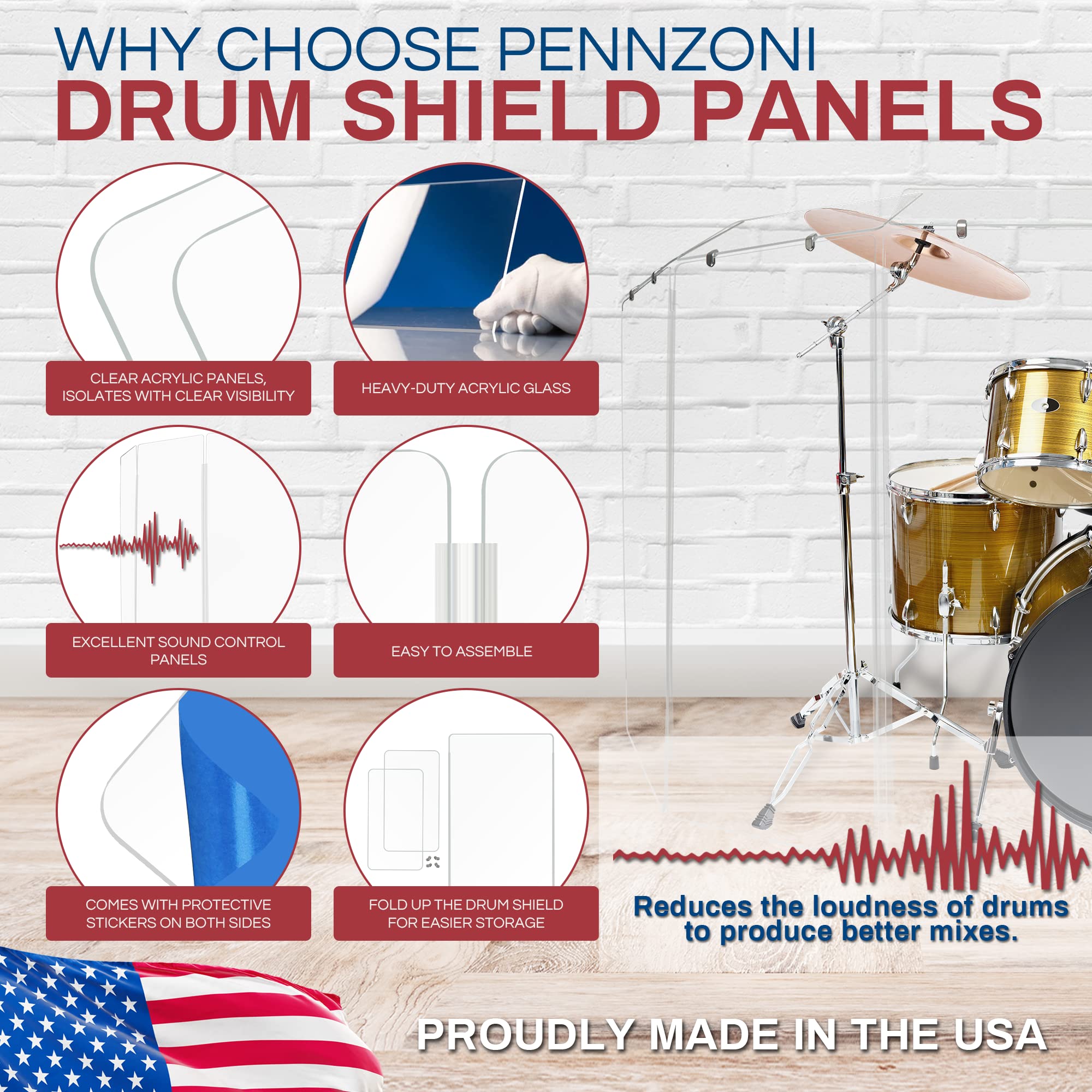 Pennzoni Drum Shield 4Ft W/Deflectors & Plastic Hinges, Comes W/ 5 Drum Panels, Plastic Hinges & Deflectors Connectors, Premium