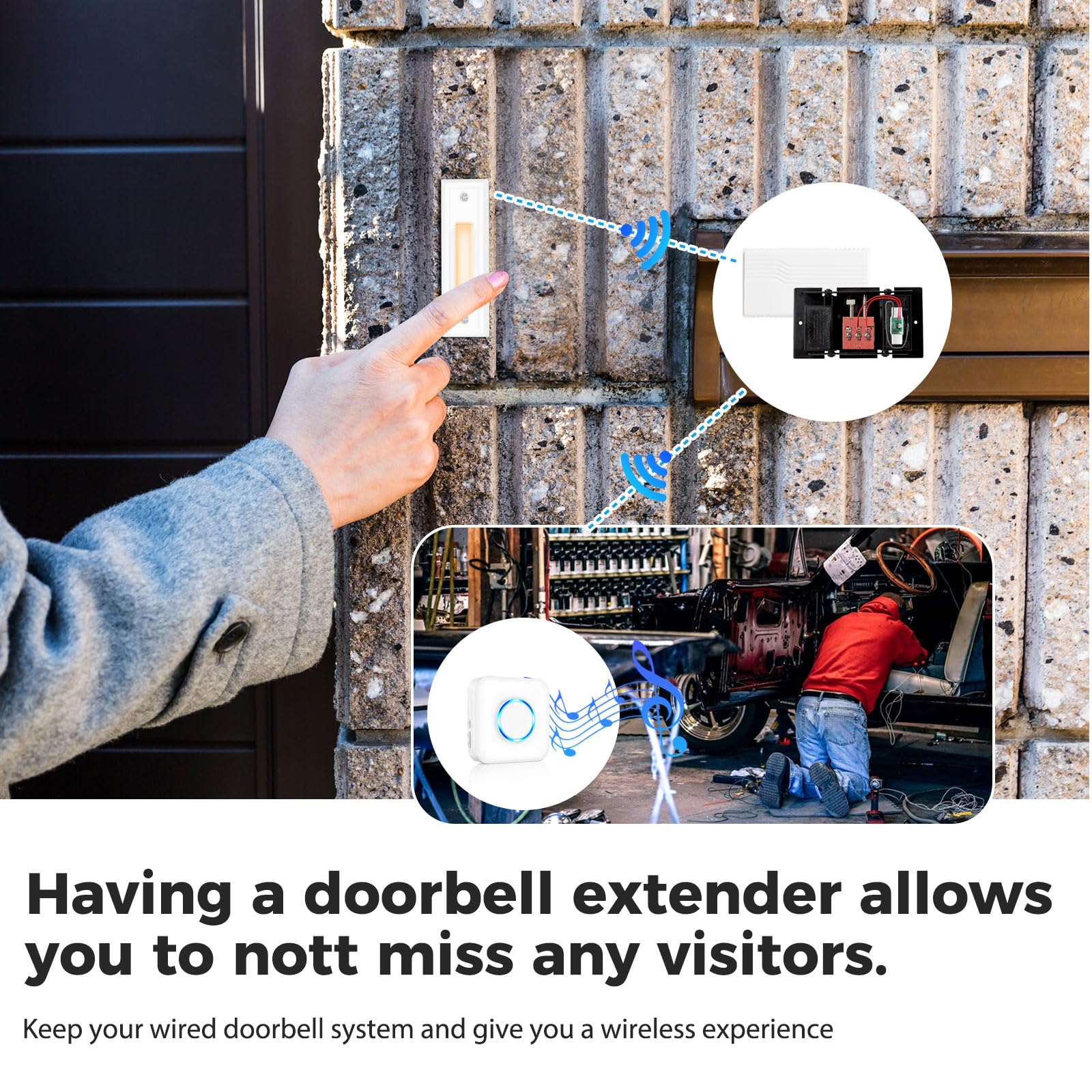 Wireless Doorbell Extender With Receiver Connects To Existing Hardwired Doorbell Into Wireless Door Bell With 656 Ft Range, 58 C