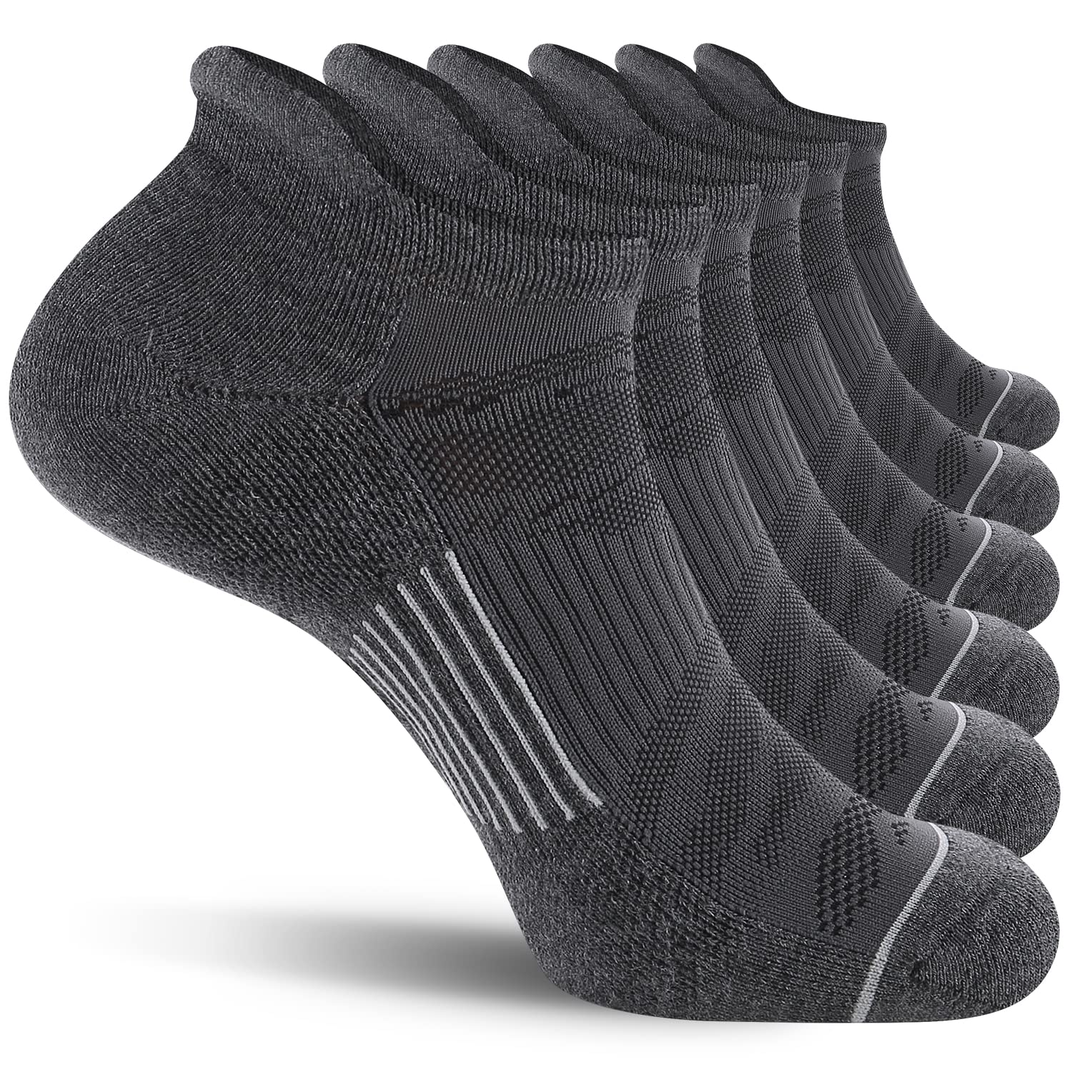 Fitrell 6 Pack Mens Ankle Running Socks Low Cut Cushioned Athletic Sports Socks, Shoe Size 12 15, Dark Graygray
