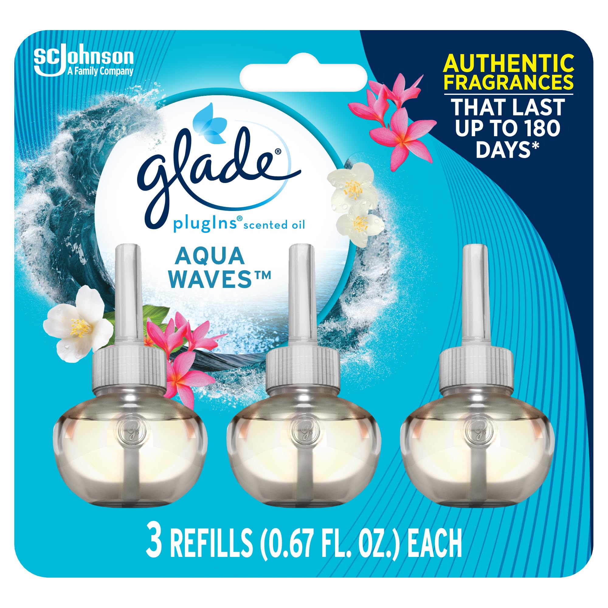 Glade Plugins Refills Air Freshener, Scented And Essential Oils For Home And Bathroom, Aqua Waves, 2.01 Oz, 3 Count