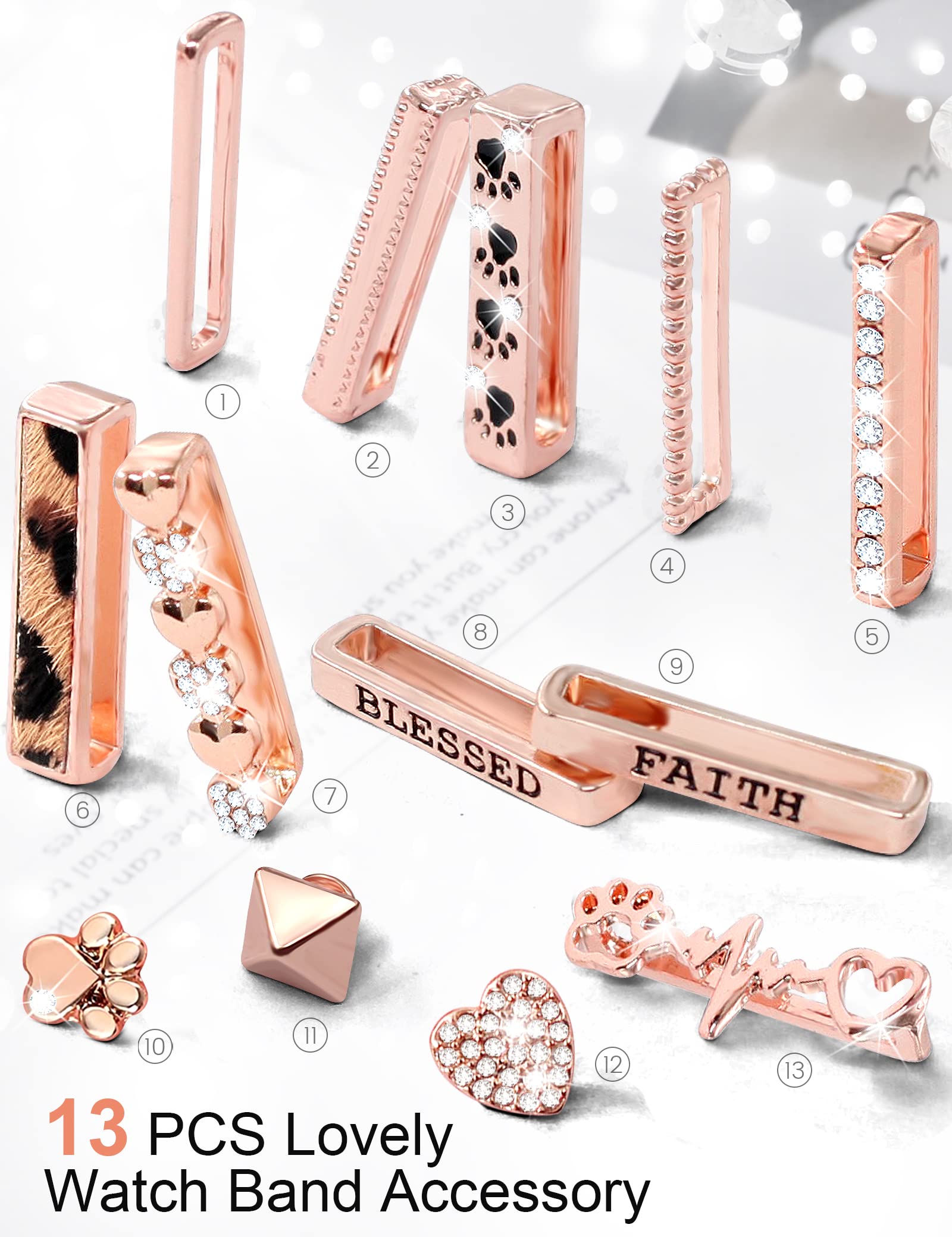 Jr.Dm 13 Pcs Rose Gold Watch Band Charms With 10 Pcs Decorative Rings Loops 3 Pcs Decoration, Compatible With Apple Watch Band M