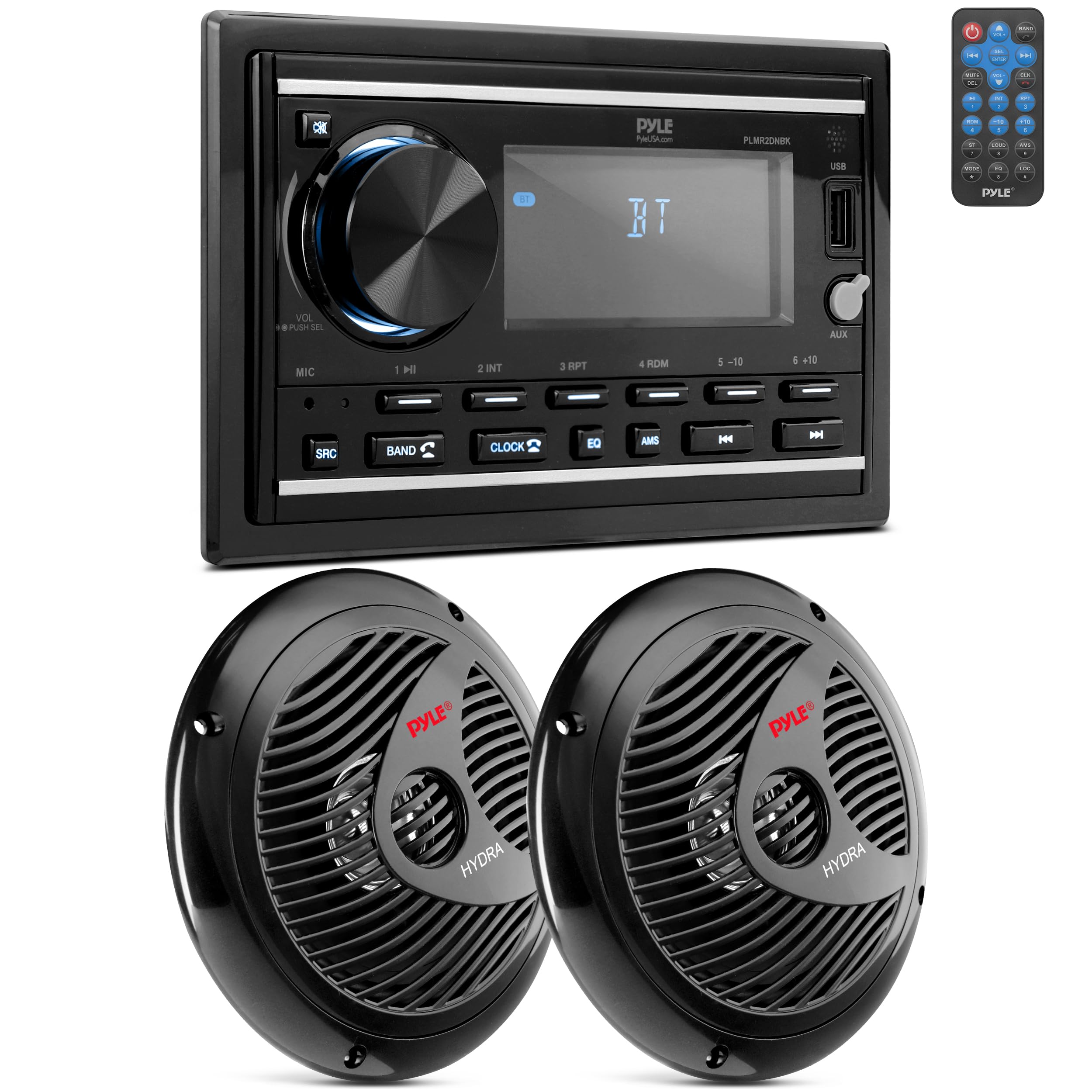 Pyle Boat Bluetooth Marine Stereo Receiver - Marine Head Unit Double DIN Stereo Receiver Power Amplifier & Speaker Kit - Hands-F