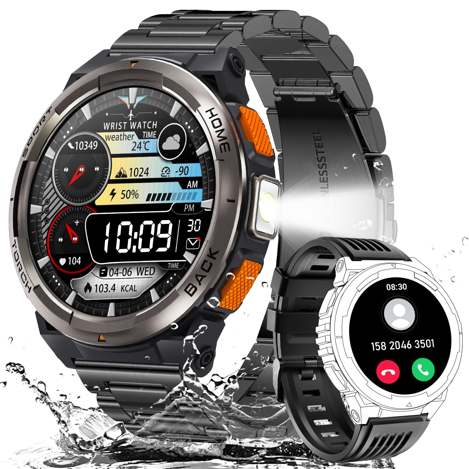 Eigiis Ke5 Military Smart Watch For Men With Flashlight Sos 3Atm Waterproof Watch 530Mah Big Battery 1.45'' Rugged Tactical Smar