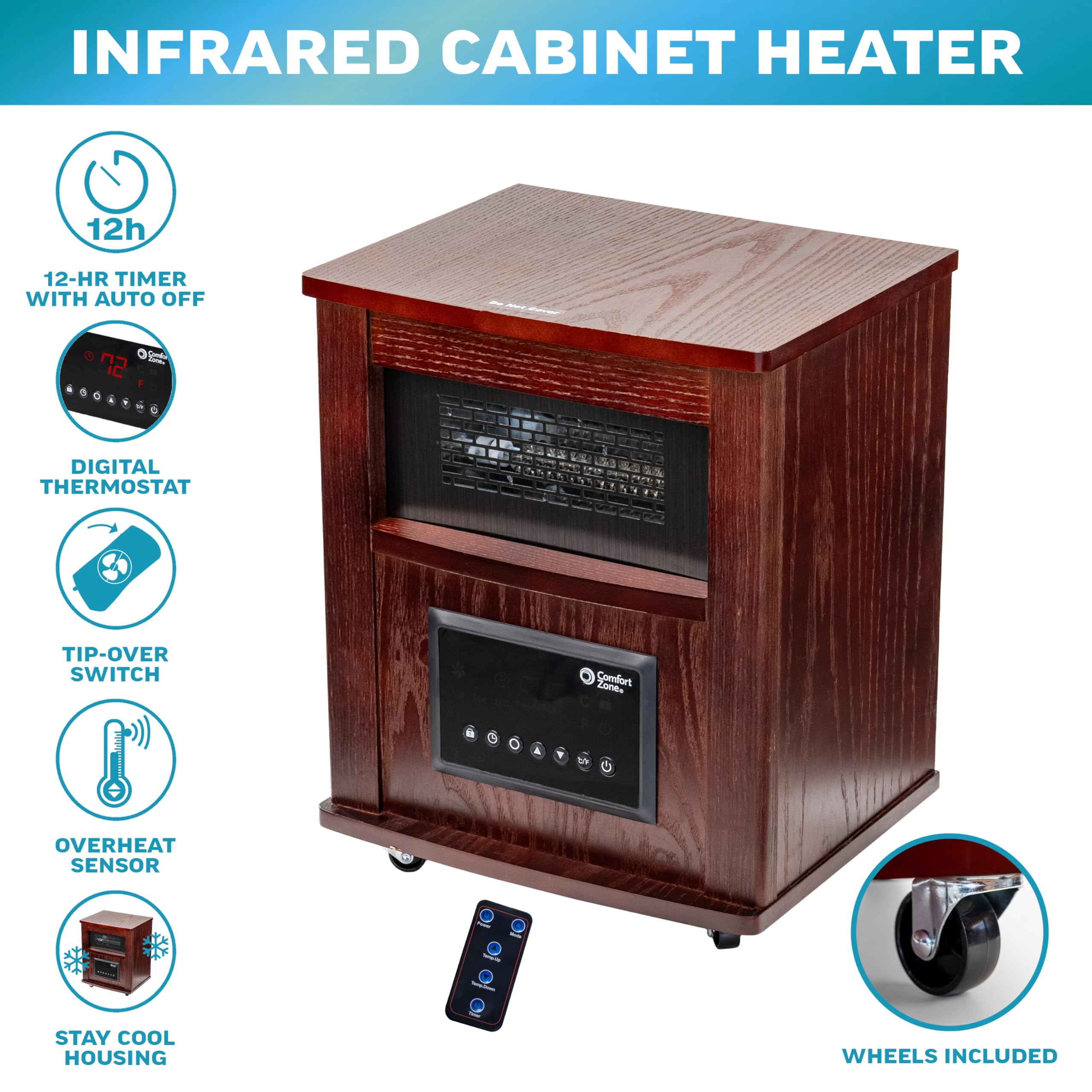 Comfort Zone Wood Cabinet Space Heater With Remote, 16 Inch, Adjustable Thermostat, Digital Display, Overheat Protection, Electr