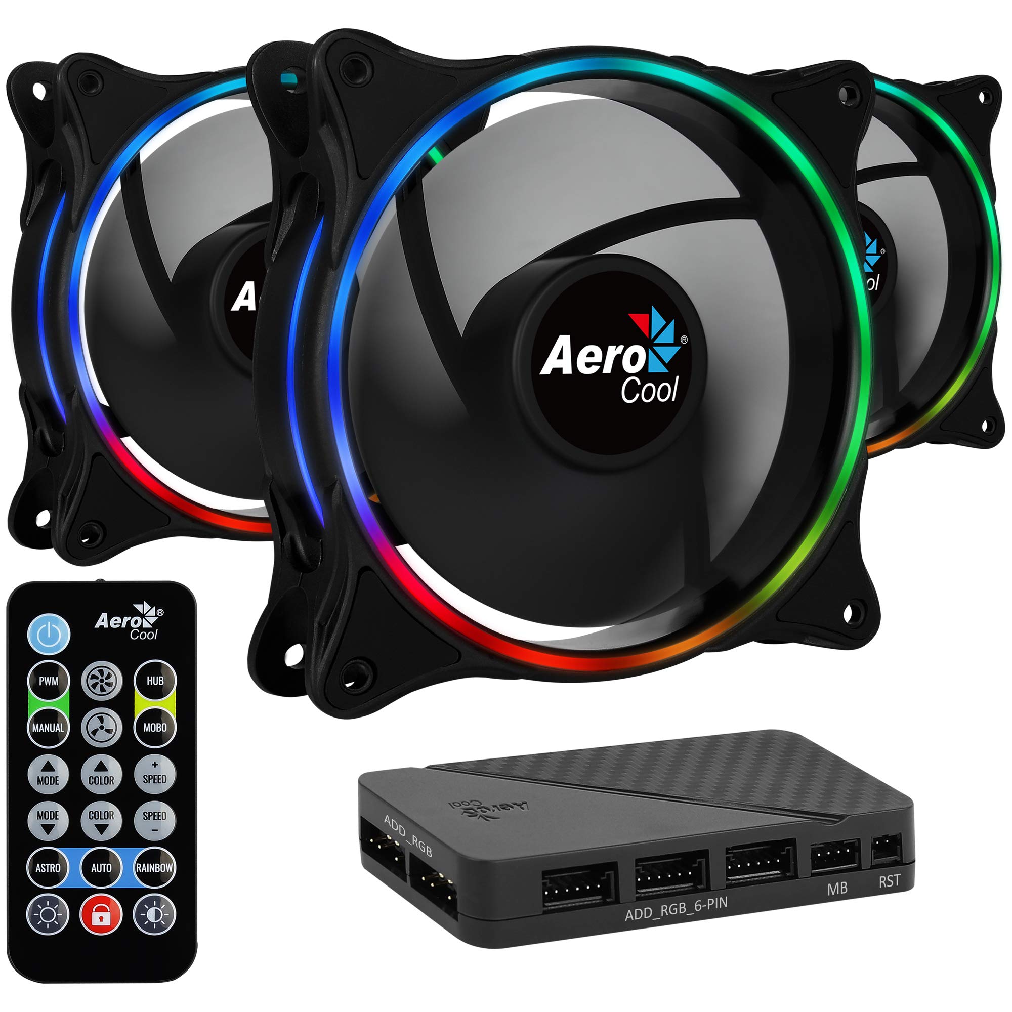 Aerocool Eclipse 12 Pro Bundle - 3 x ARGB fans 120mm, 1 x H66F HUB, Remote Control, RGB LED Dual Slim Ring Lighting, Includes 6-