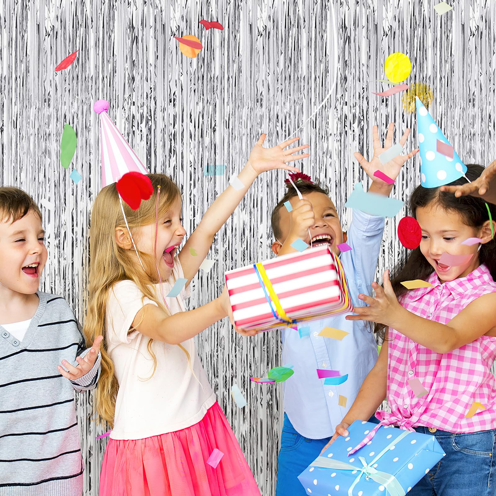 10 Pack Silver Foil Curtain Backdrop 3.2Ft X 9.8Ft Silver Metallic Tinsel Foil Fringe Curtains Streamer Photo Booth Backdrop For