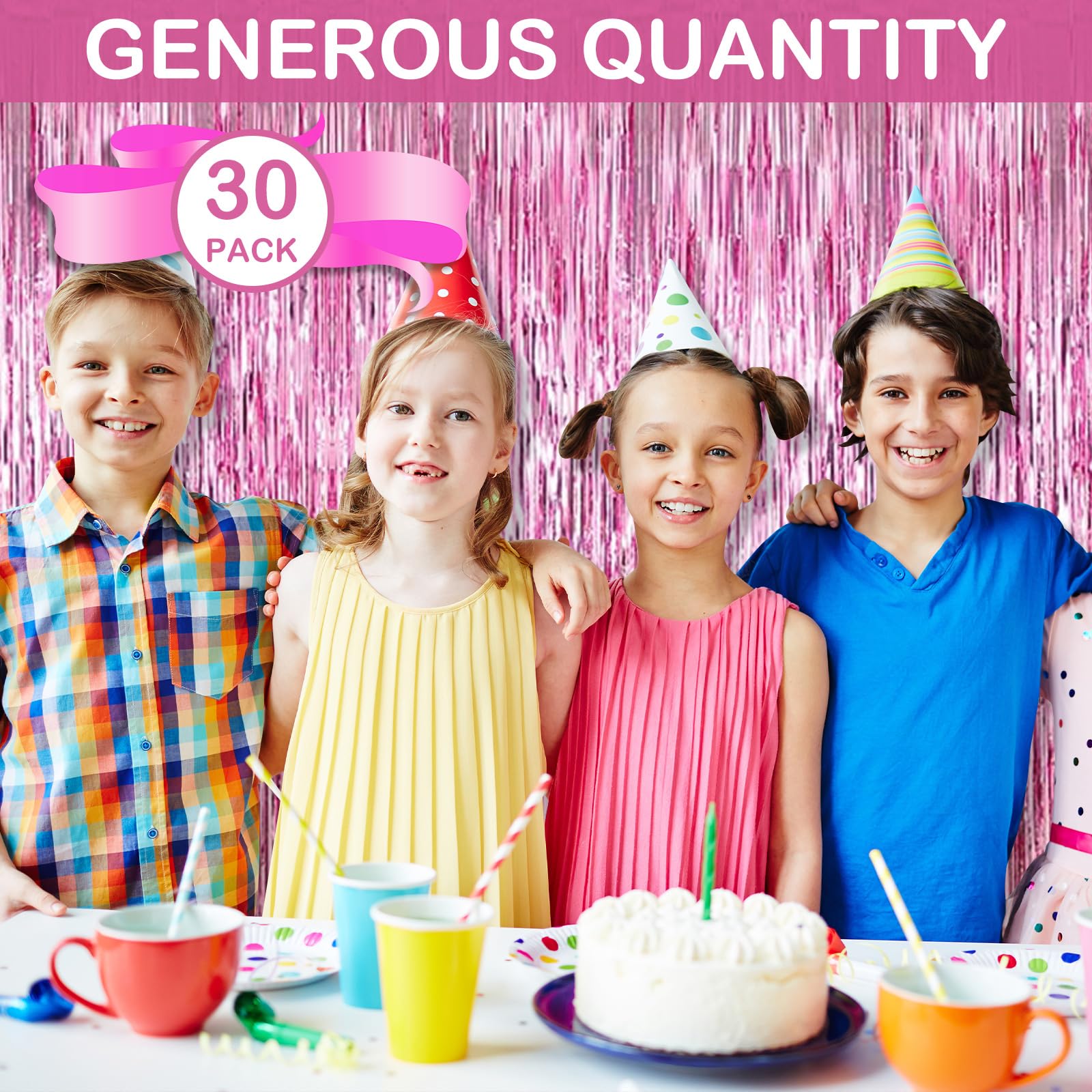 30 Pack Pink Foil Fringe Curtain Backdrop, 3.3X8.2 Feet Metallic Tinsel Streamer Curtains Photo Booth Props For Wedding/Birthday