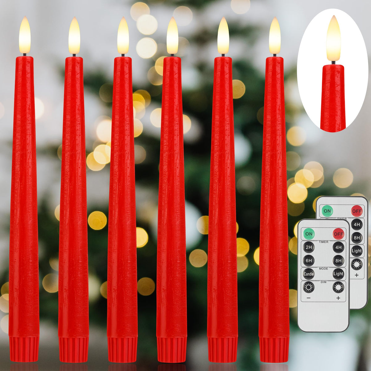 Afineth Red Flameless Taper Candles With 3D Wick, 9.6'' Real Wax Led Candles With 2 Remote And Timer, 6 Pack Flickering Candlest