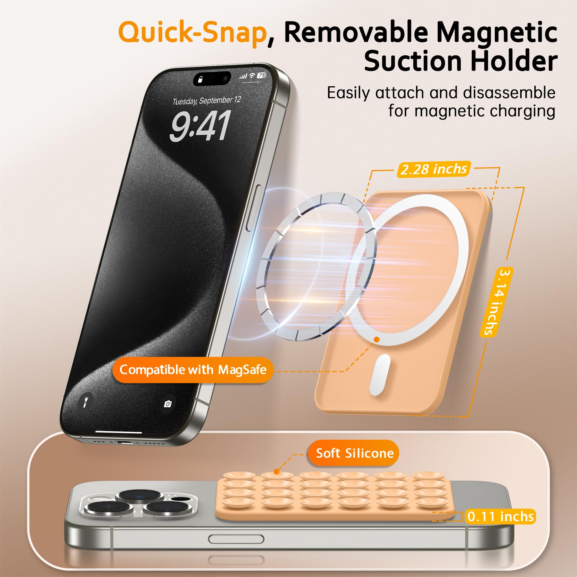 Suydanbox Magnetic Suction Cup Phone Mount, Anti-Slip Hands-Free Silicone Phone Holder,Compatible With Magsafe Phone Case For Ip