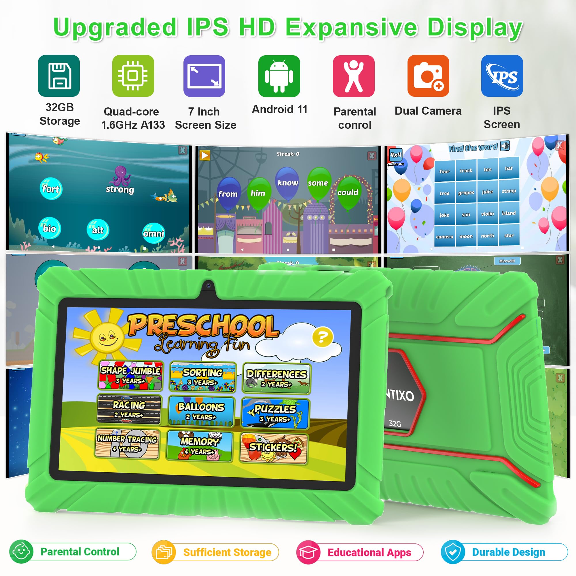 Contixo Kids Tablet V8, 7 Inch Hd, Ages 3 7, Toddler Tablet With Camera, Parental Control   Android 11, 16Gb, Wifi, Learning Tablet For Kids, Green