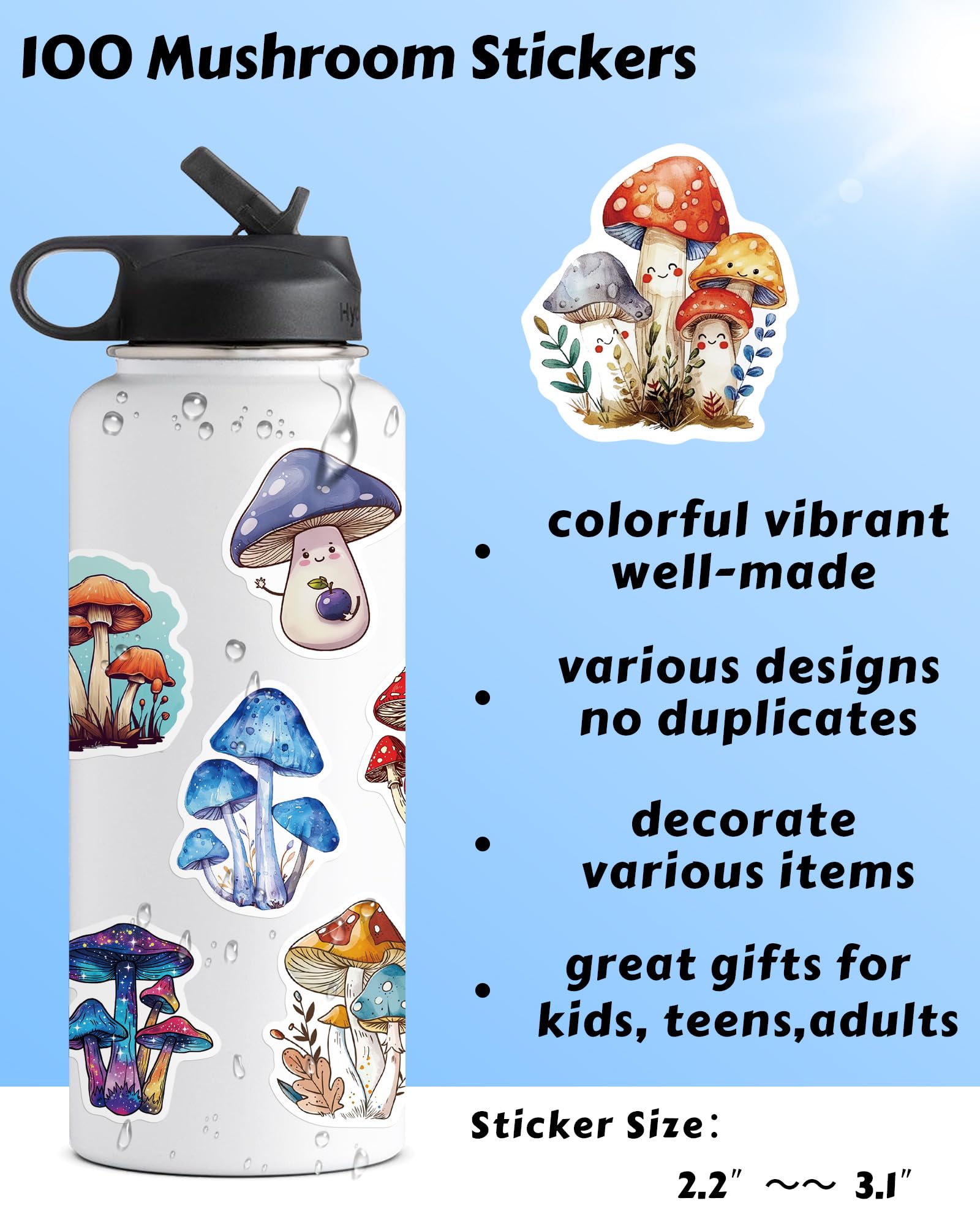 100 Pcs Mushroom Stickers Aesthetic, Cute Stickers Mushroom Decor Party Favors For Kids Teens Adults, Vinyl Waterproof Stickers