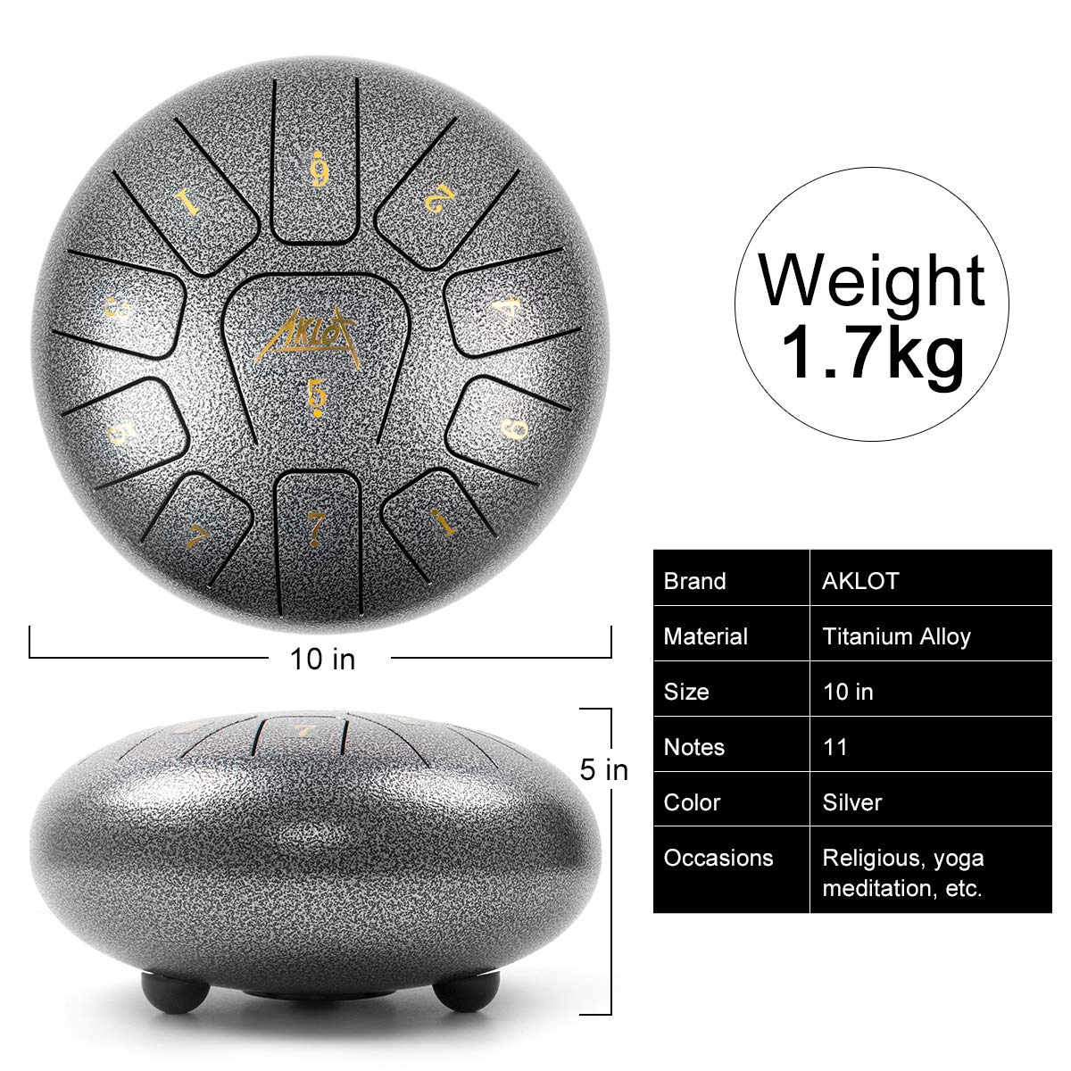 Steel Tongue Drum, Aklot 10 Inch 11 Notes Tank Drum C Key Percussion Steel Drum Kit W/Drum Mallets Note Stickers Finger Picks Ma