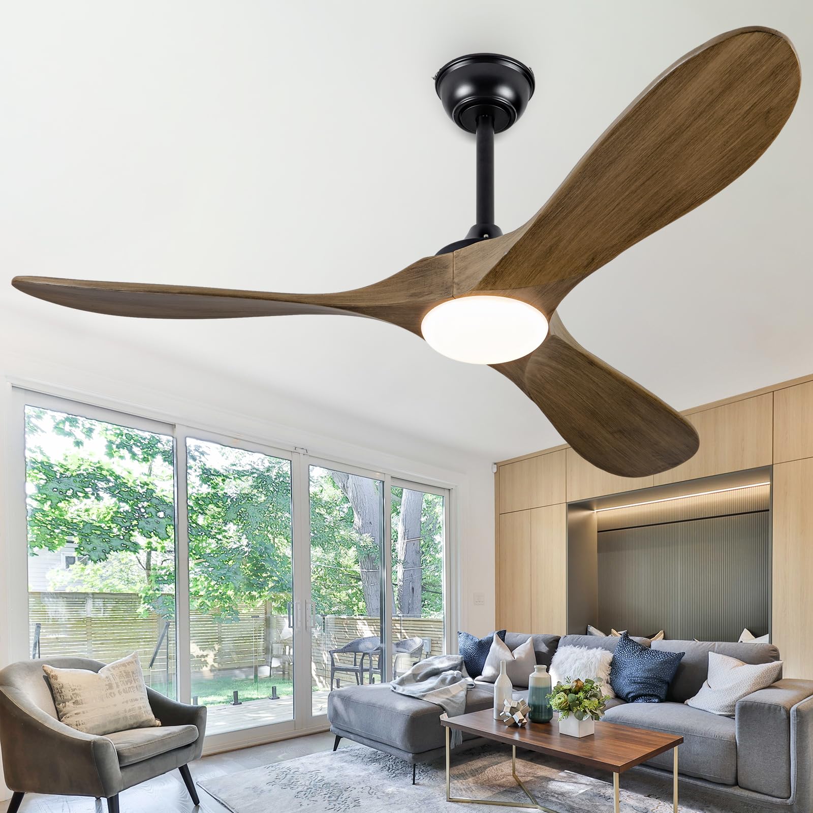 Ceversa 52 Inch Solid Wood Ceiling Fan with Light and Remote Control,3 Blades Outdoor Ceiling Fan Quiet Craftmade Grey for Livin