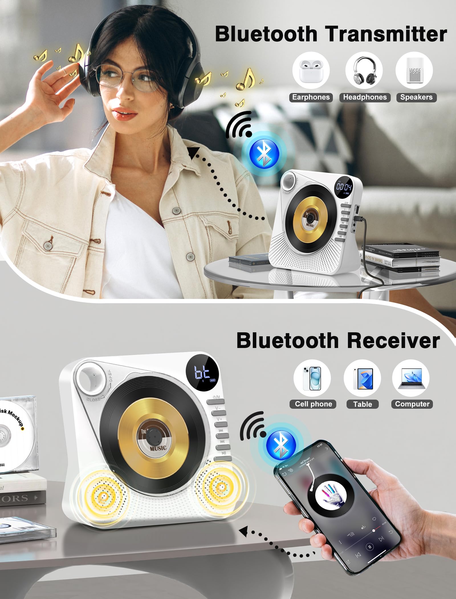 Desktop Cd Player Bluetooth With Hifi Dual Speaker, Cd Player For Home With Remote Control,Dust Cover,Lcd Display,Sleep Timer,Eq