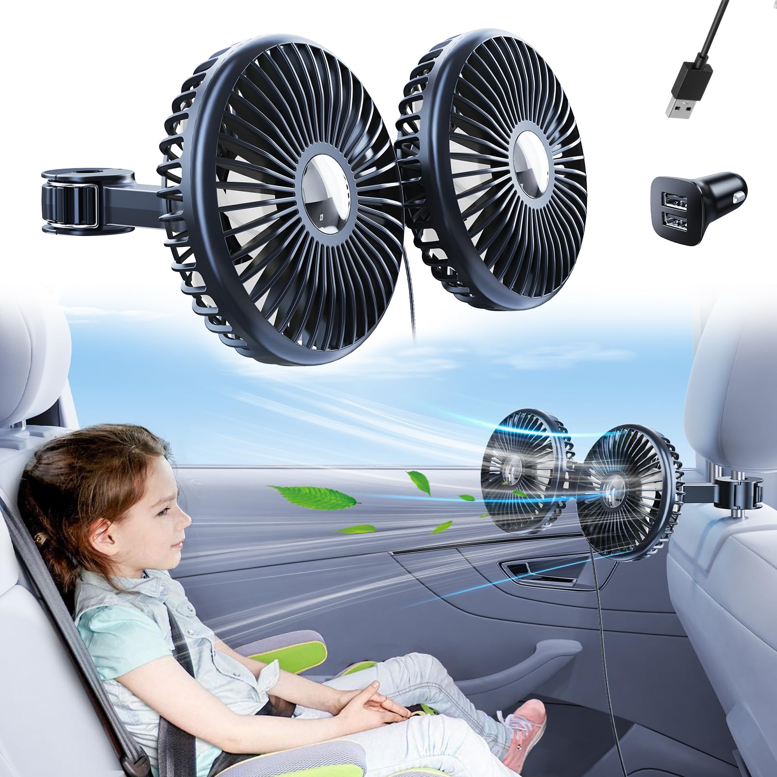 Nauttxon Car Fan For Back Seat [Comes With Car Charger] 360Rotatable Usb Car Seat Fan For Baby Rear Facing 3 Speeds Separate Con