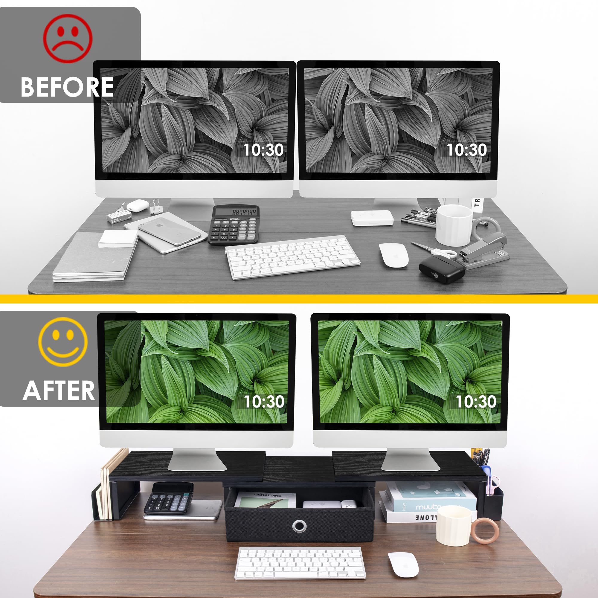 Dual Monitor Stand Riser W/ Drawer & Metal Leg, Large Computer Monitor Riser W/ Storage For 2 Monitors, Desk Shelf For Monitor W