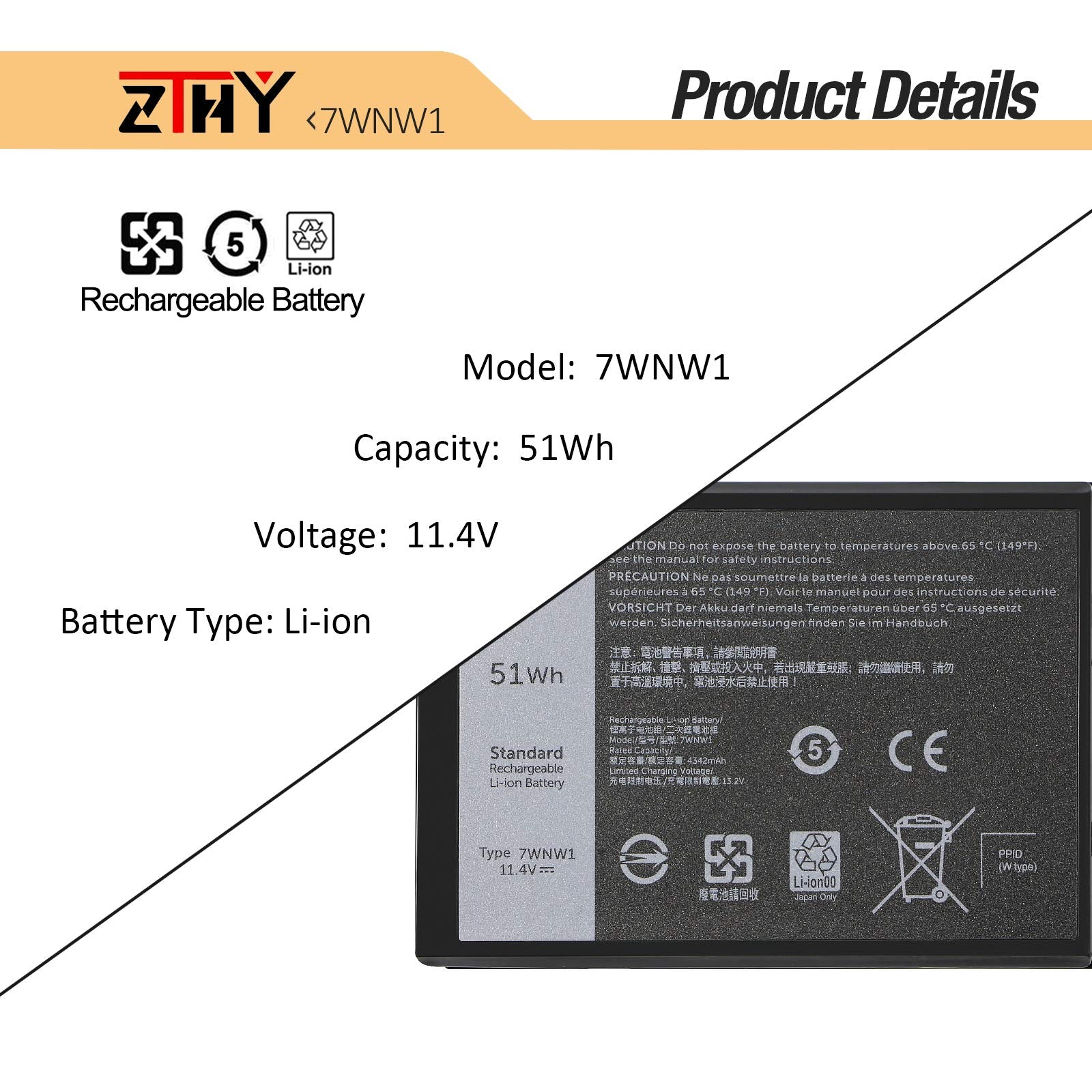 Zthy 7Wnw1 Laptop Battery Replacement For Dell Latitude 5424 Rugged Extreme, Latitude 5420 Rugged Extreme, Latitude 7424 Rugged