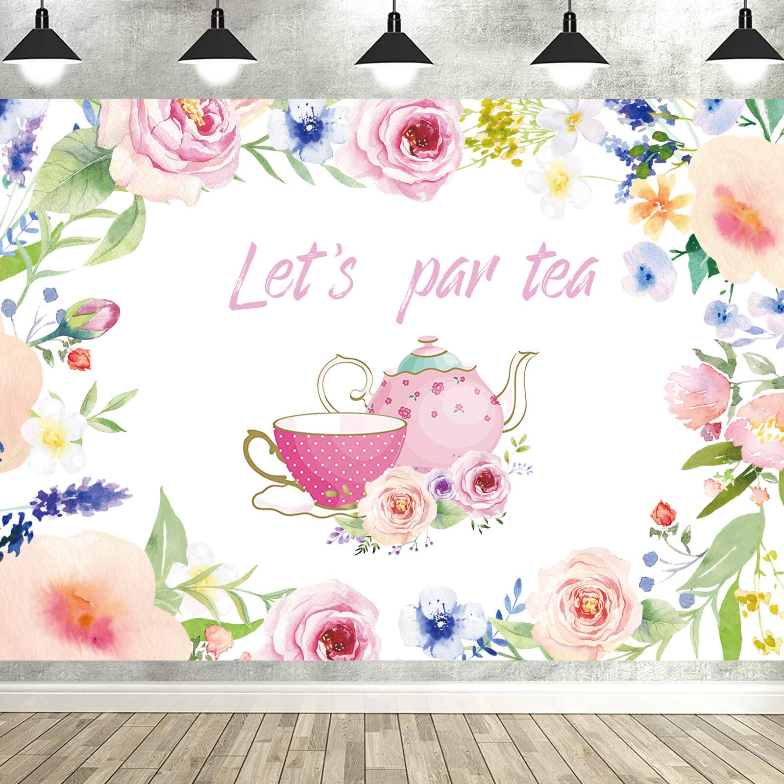 Let'S Par Tea Photography Backdrop 5X3Ft Tea Time Photo Background Teapot Teacups High Tea Theme Bridal Shower Engagement Bachelorette Baby Shower Party Supplies Photo Studio Props Decorations Banner