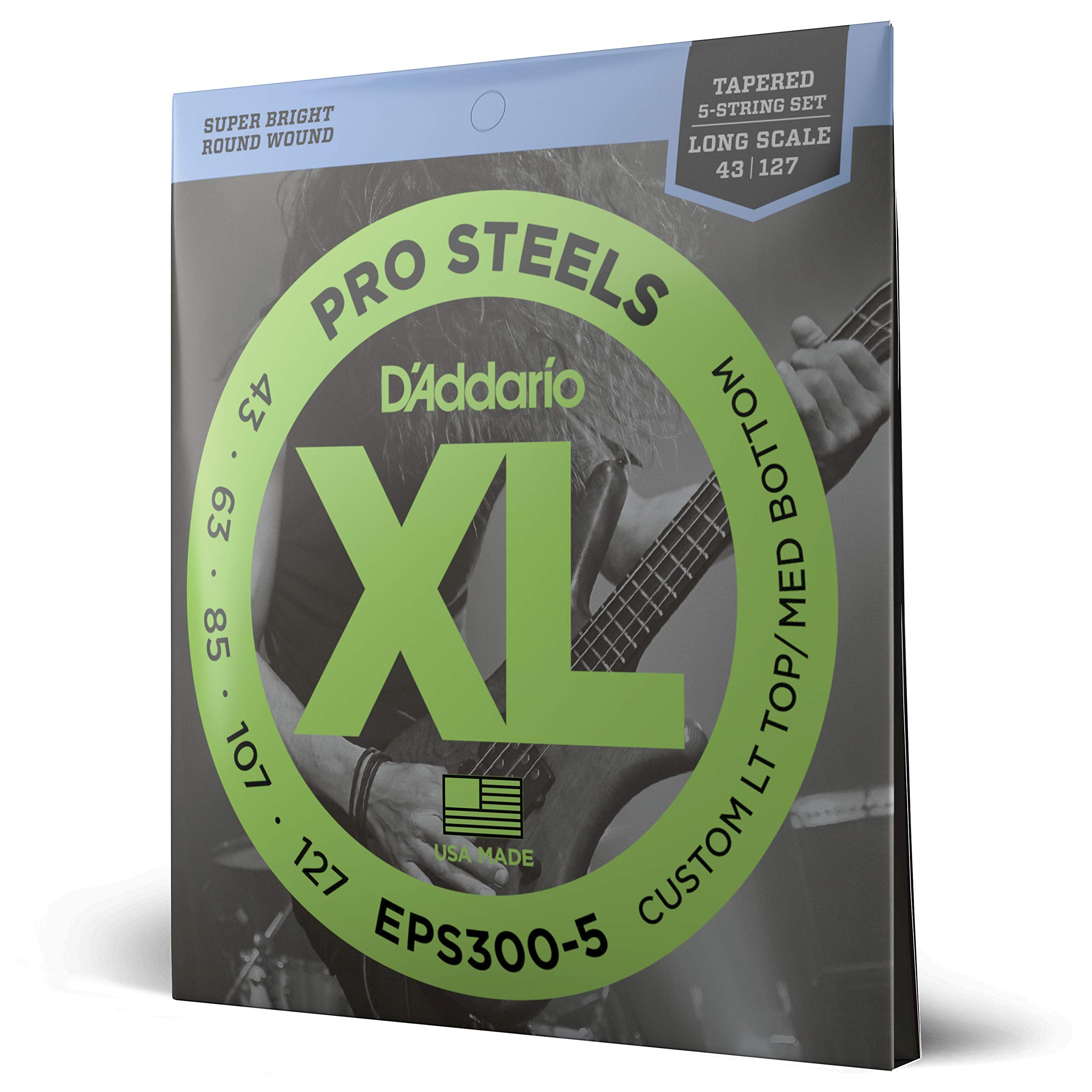 D'Addario Bass Guitar Strings, Xl Pro Steels, Eps300 5, Long Scale, Custom Light Top/Medium Bottom Gauge 43 127, Tapered, 5 Stri