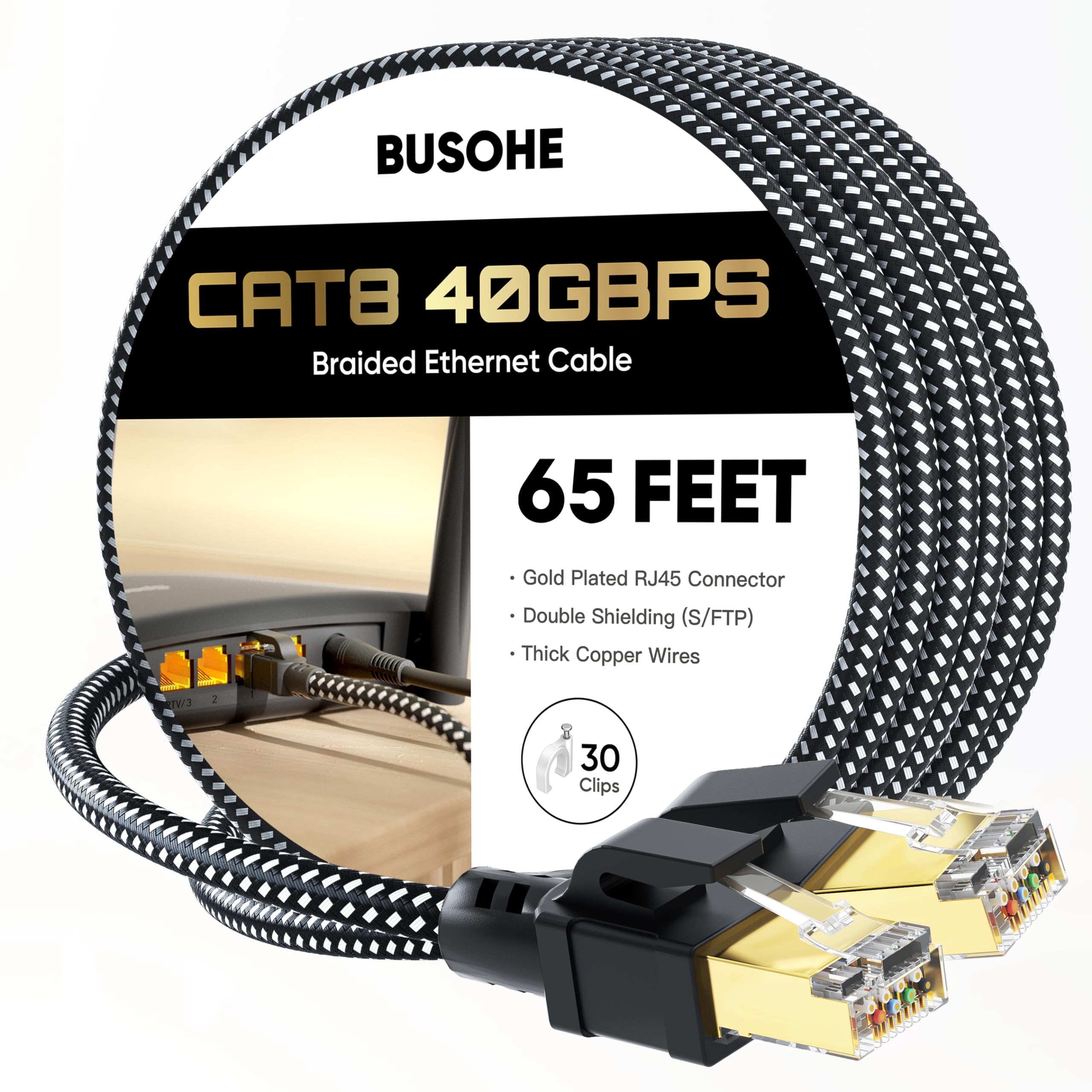 Busohe Cat 8 Ethernet Cable 65 Ft, High Speed 40Gbps 2000Mhz Braided Network Internet Cable With Gold Plated Rj45 Connector, Hea