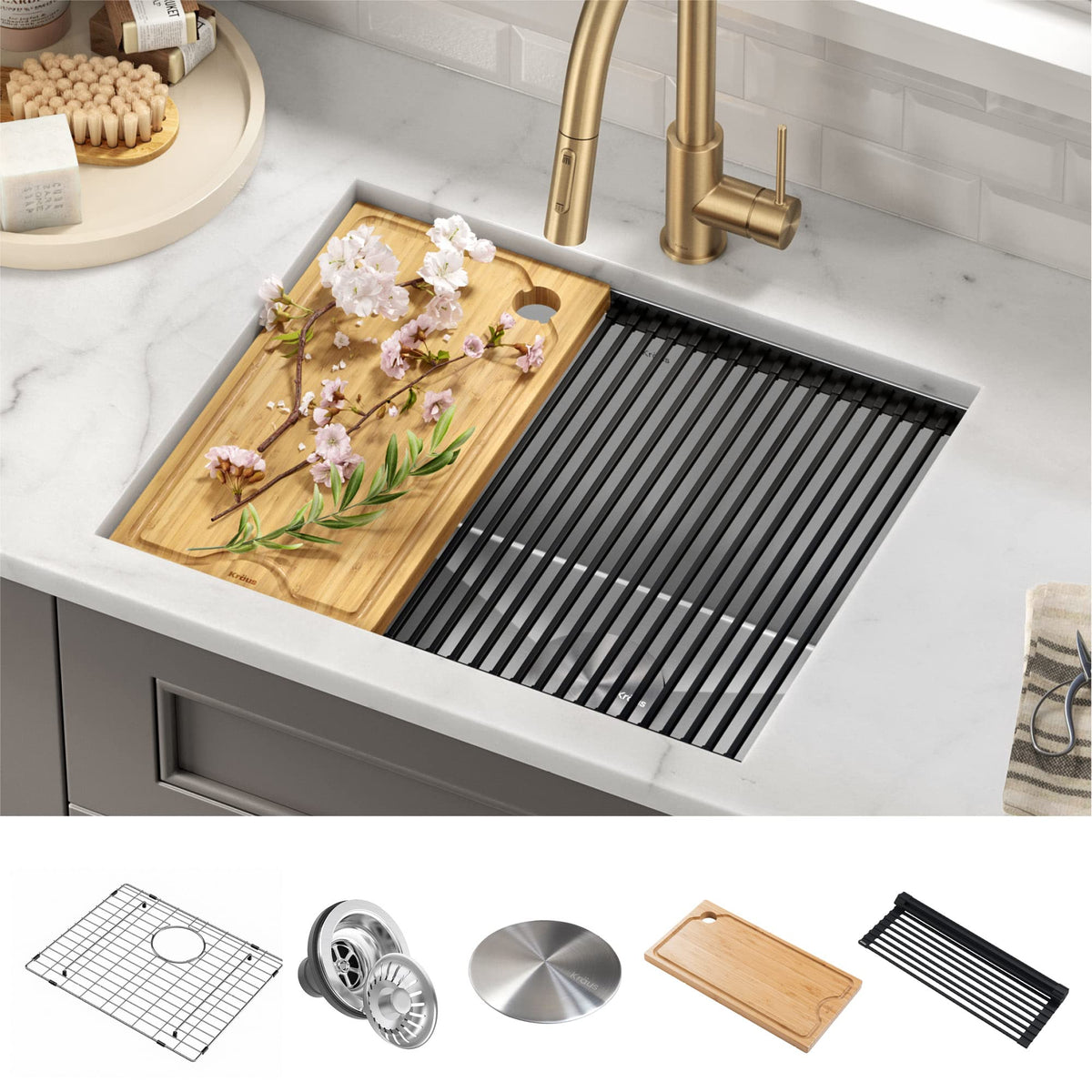 Kraus Kore 23Ainchaundermount Workstationa16 Gaugeastainless Steel Single Bowl Laundry Utility Kitchen Sink With Accessories, Kw