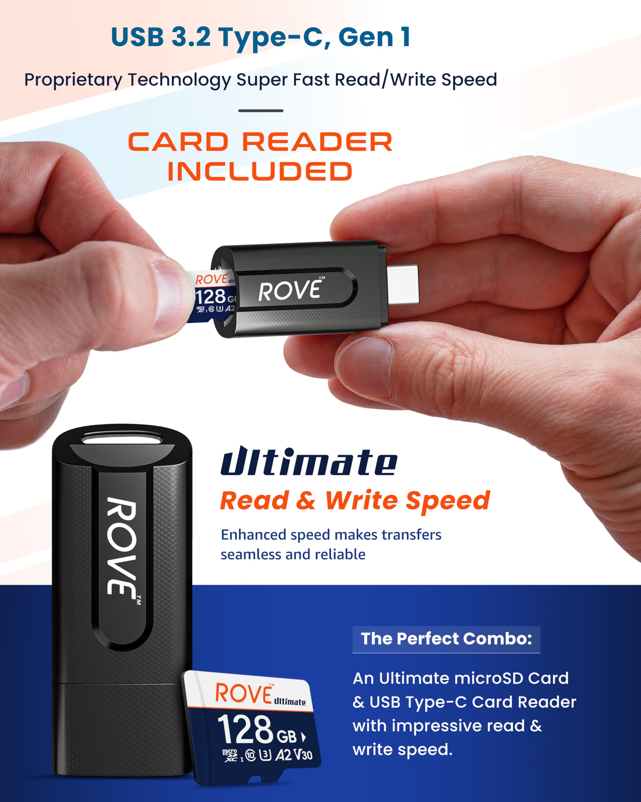Rove Ultimate Micro Sd Card Microsdxc 128Gb Memory Card With Usb 3.2 Type C Card Reader 170Mb/S C10, U3, V30, 4K, A2 For Dash Ca