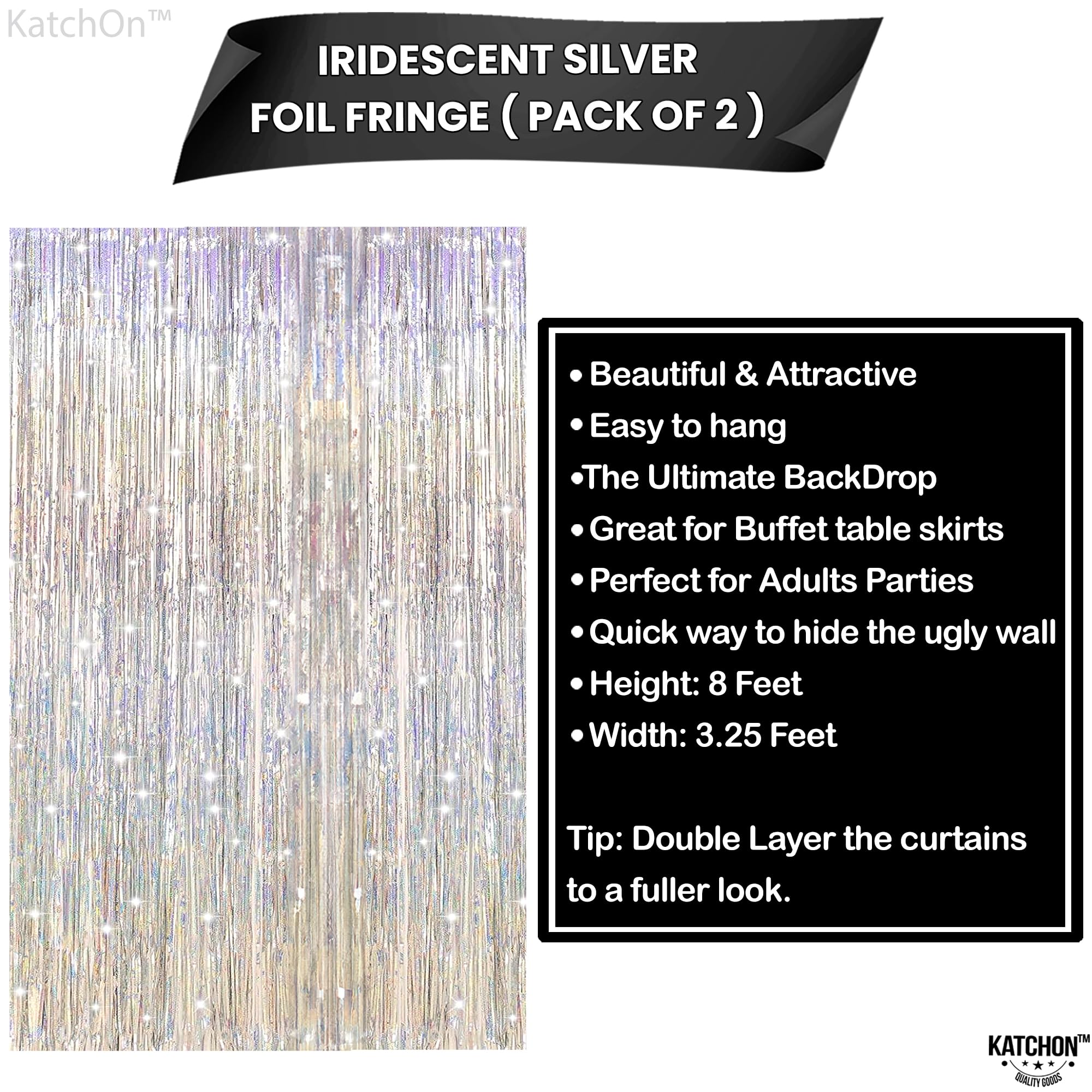Katchon, Iridescent Silver Backdrop Curtain   Xtralarge, 3.2X8 Feet, Pack Of 2 | Iridescent Silver Fringe Backdrop | Silver Stre